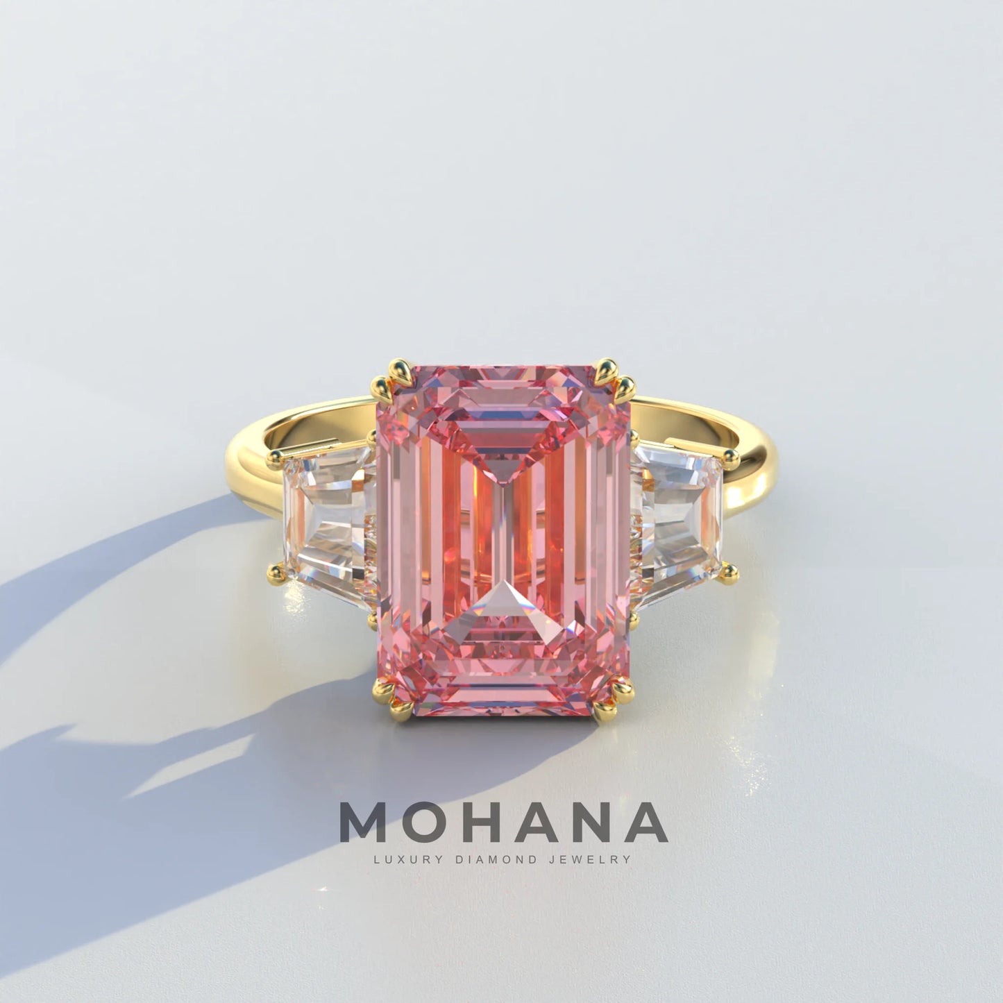 4 Carat Pink Emerald & Trapezoid Cut Lab Diamond Three Stone Engagement Ring - Marlene - 10K Solid Gold / Yellow Gold