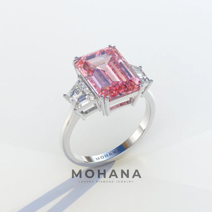 4 Carat Pink Emerald & Trapezoid Cut Lab Diamond Three Stone Engagement Ring - Marlene