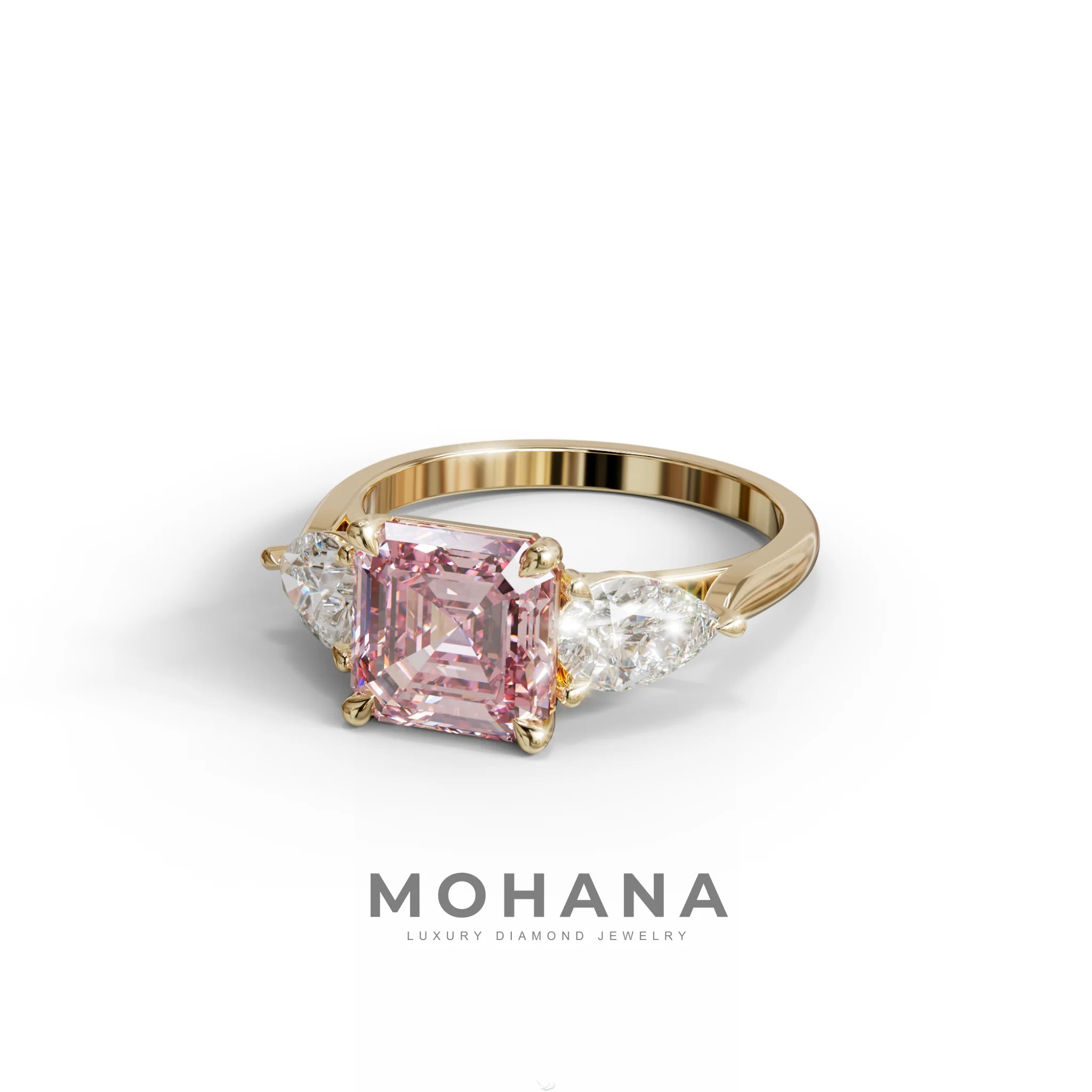 3 Carat Pink Asscher Cut Lab Diamond In 3 Stones Claw Prongs Setting Ring