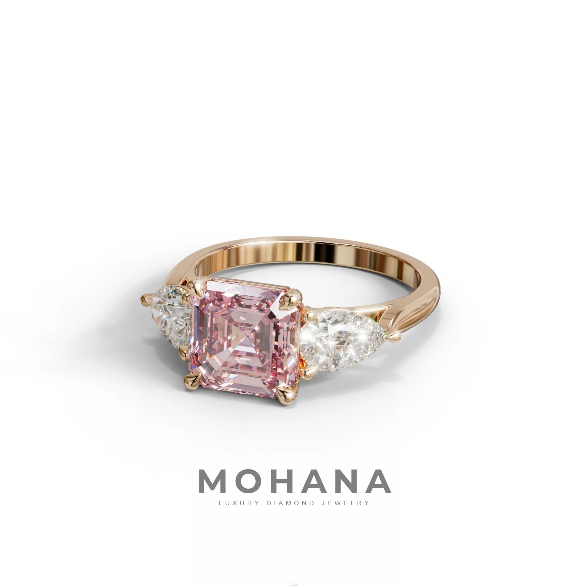 3 Carat Pink Asscher Cut Lab Diamond In 3 Stones Claw Prongs Setting Ring