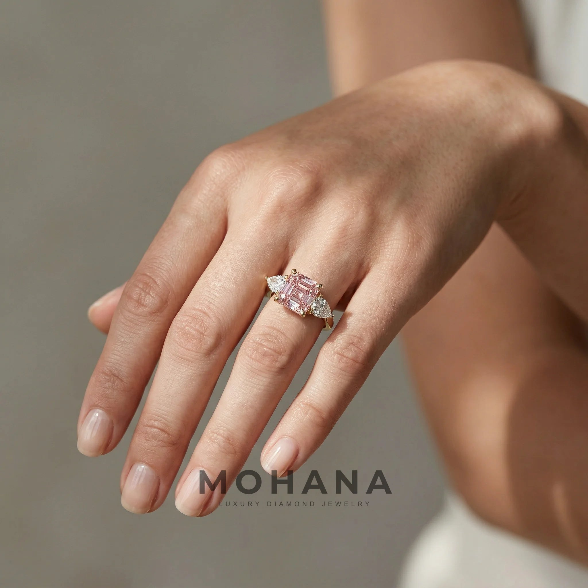 4 Carat Fancy Pink Asscher Cut Three Stone Lab Grown Diamond Engagement Ring