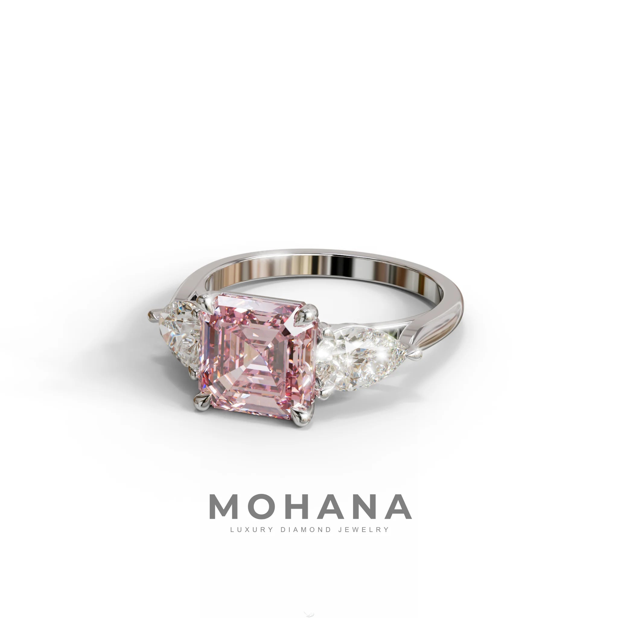 3 Carat Pink Asscher Cut Lab Diamond In 3 Stones Claw Prongs Setting Ring
