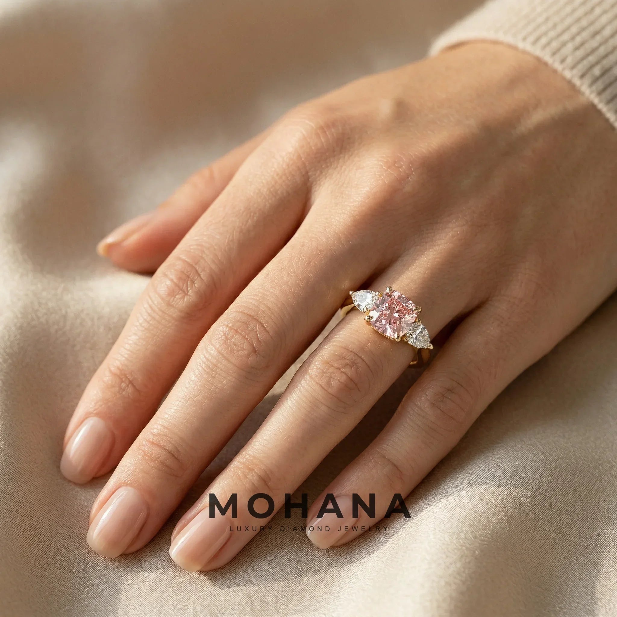 4 Carat Fancy Pink Cushion & Pear Cut Three Stone Lab Grown Diamond Engagement Ring