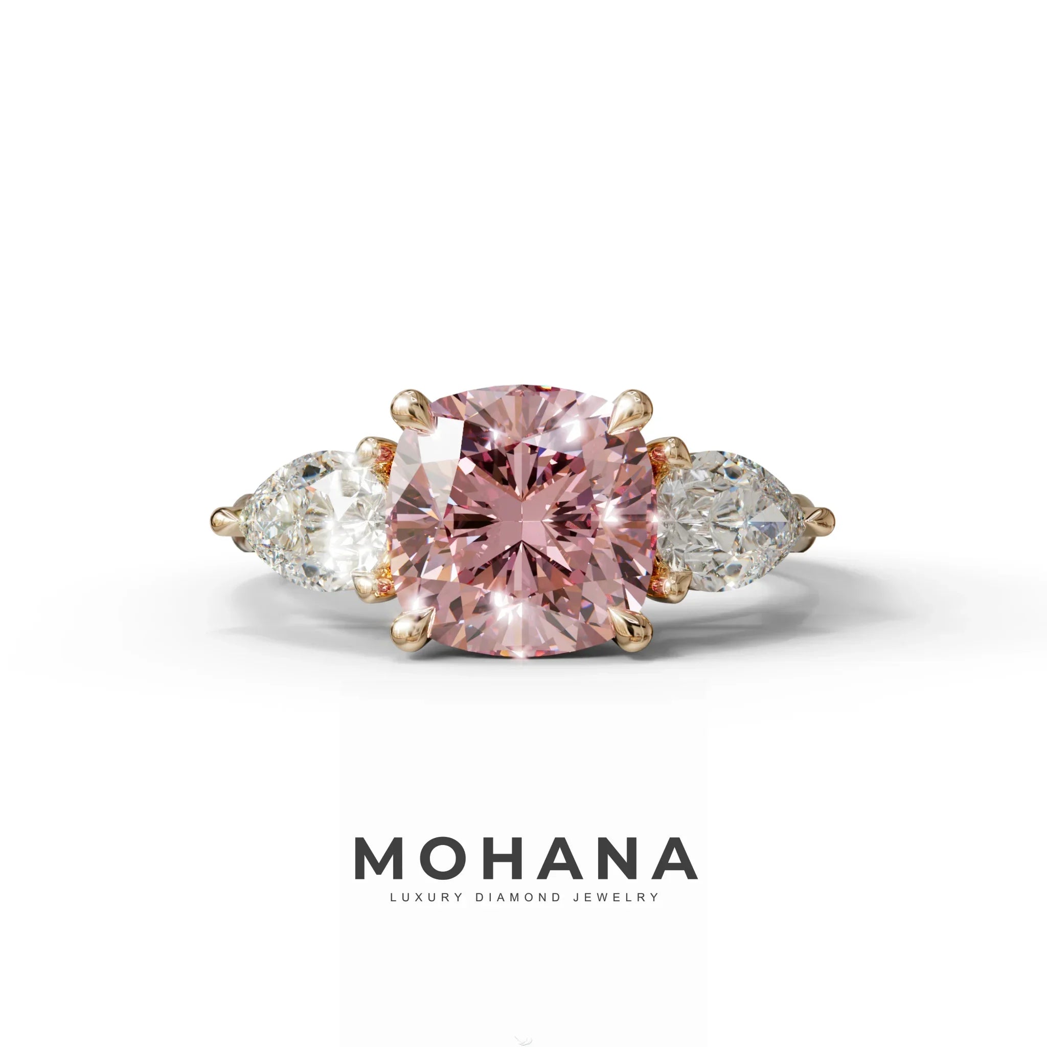 3 Ct Pink Cushion Cut Lab Diamond In 3 Stones Claw Prongs Setting Ring - 10K Solid Gold / Rose Gold
