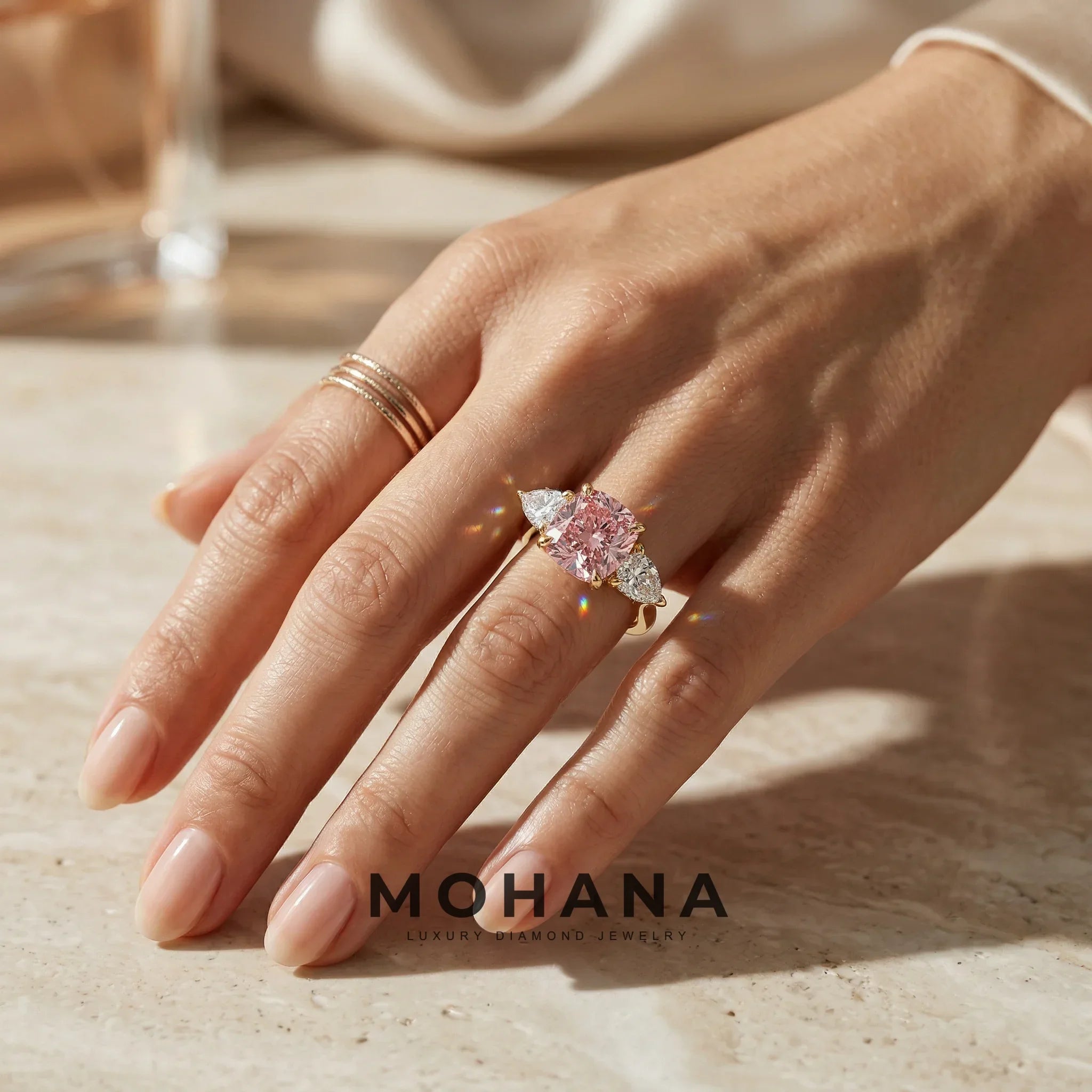 4 Carat Fancy Pink Cushion & Pear Cut Three Stone Lab Grown Diamond Engagement Ring