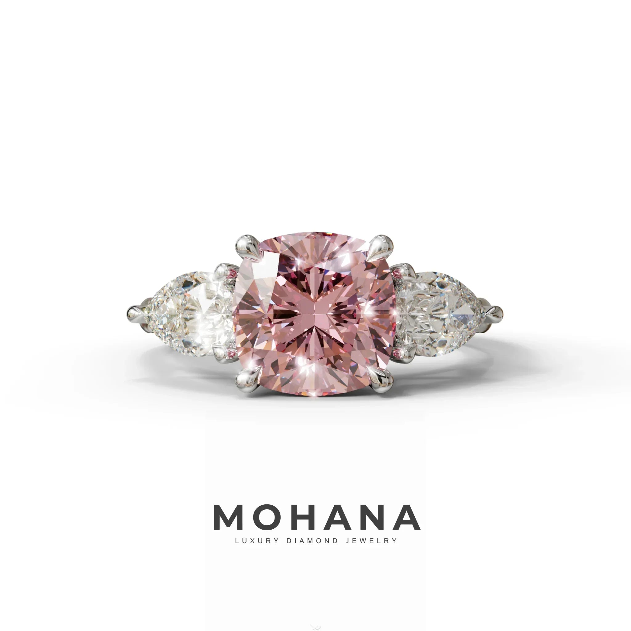 3 Ct Pink Cushion Cut Lab Diamond In 3 Stones Claw Prongs Setting Ring - 10K Solid Gold / White Gold