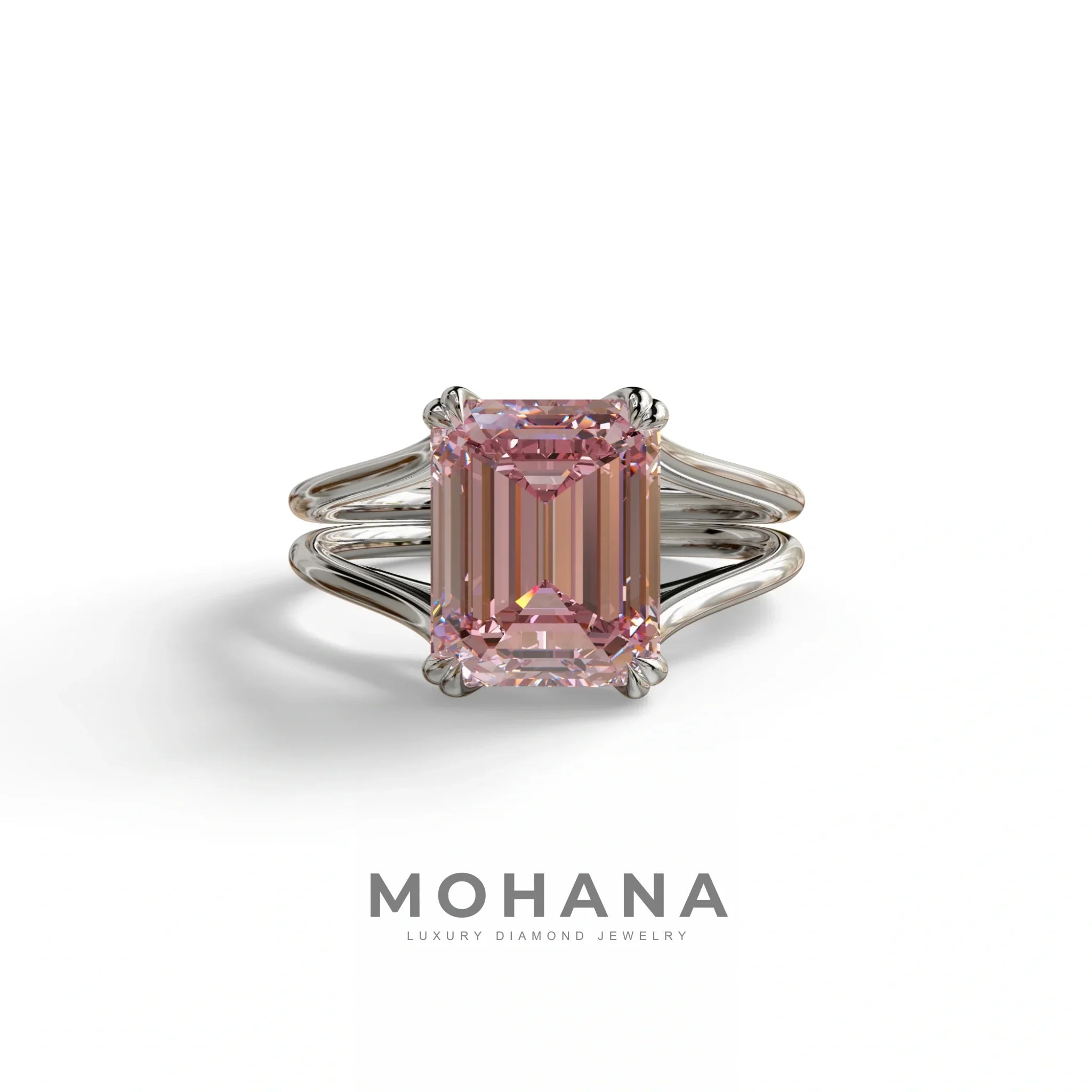 4 Carat Fancy Intense Pink Emerald Cut Lab Grown Diamond Engagement Ring - Tesira - 10K Solid Gold / White Gold