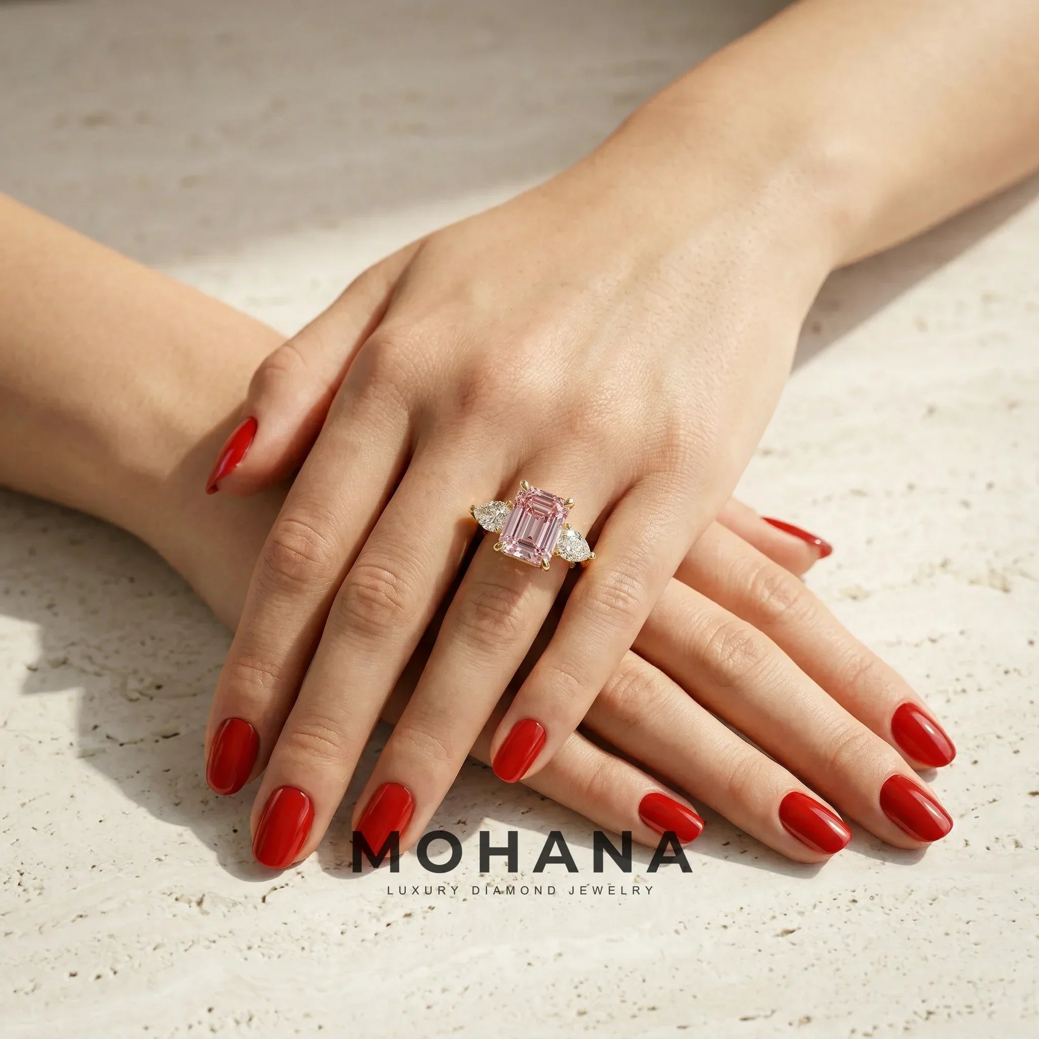 4 Carat Fancy Pink Emerald & Pear Cut Three Stone Lab Grown Diamond Engagement Ring