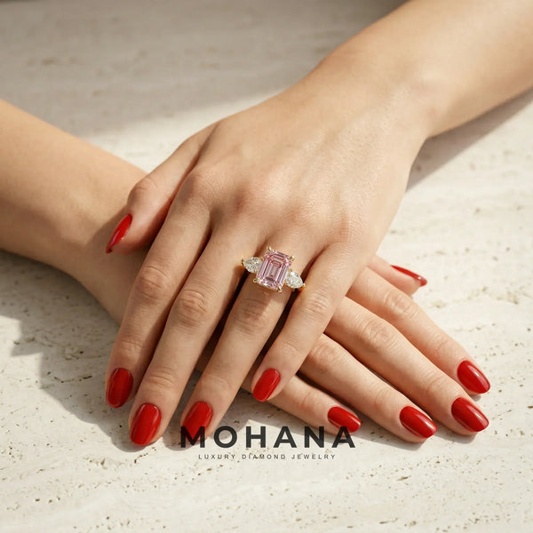 4 Carat Pink Lab Grown Diamond Engagement Ring – Emerald Cut Three Stone alternate view