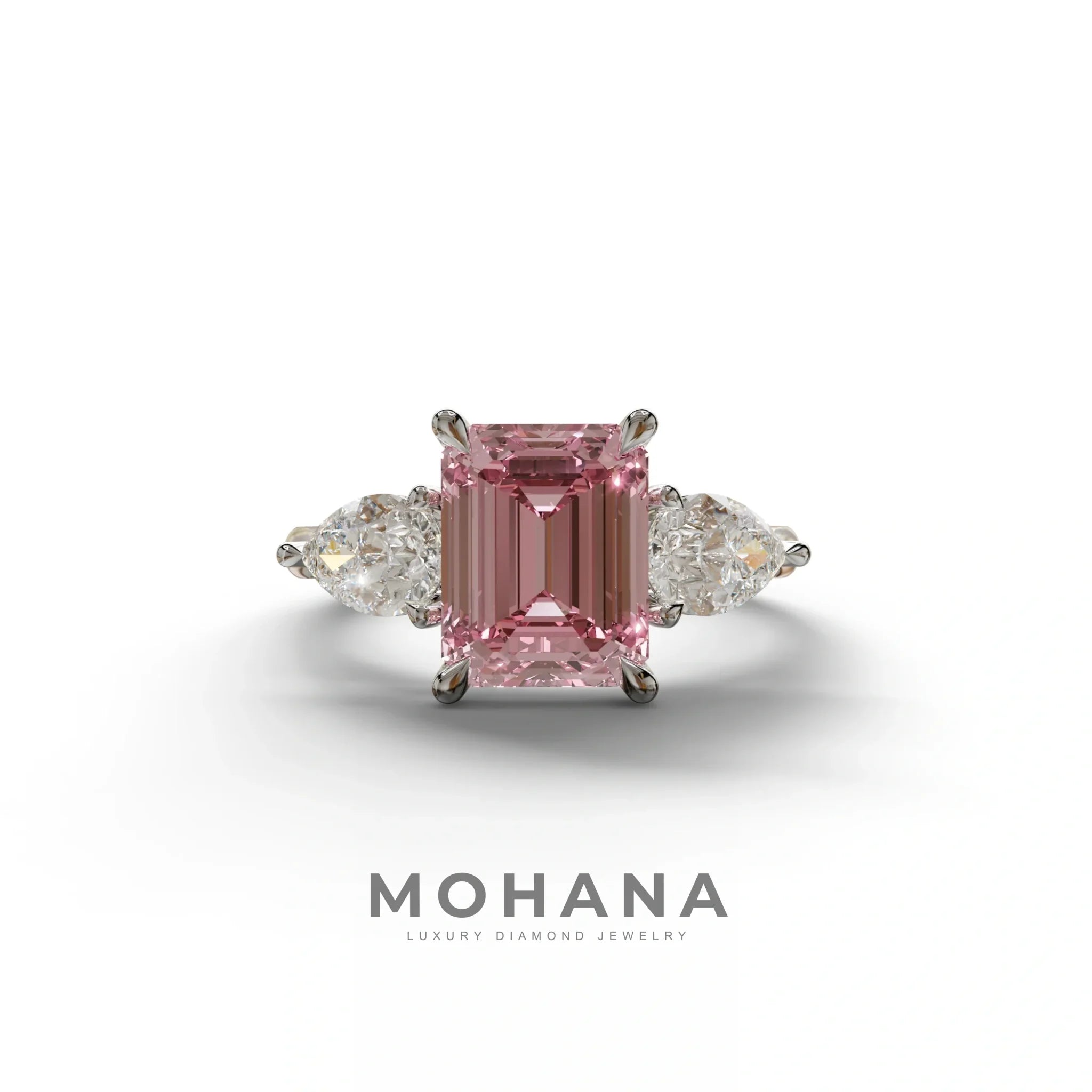 4 Carat Fancy Pink Emerald & Pear Cut Three Stone Lab Grown Diamond Engagement Ring - 10K Solid Gold / White Gold