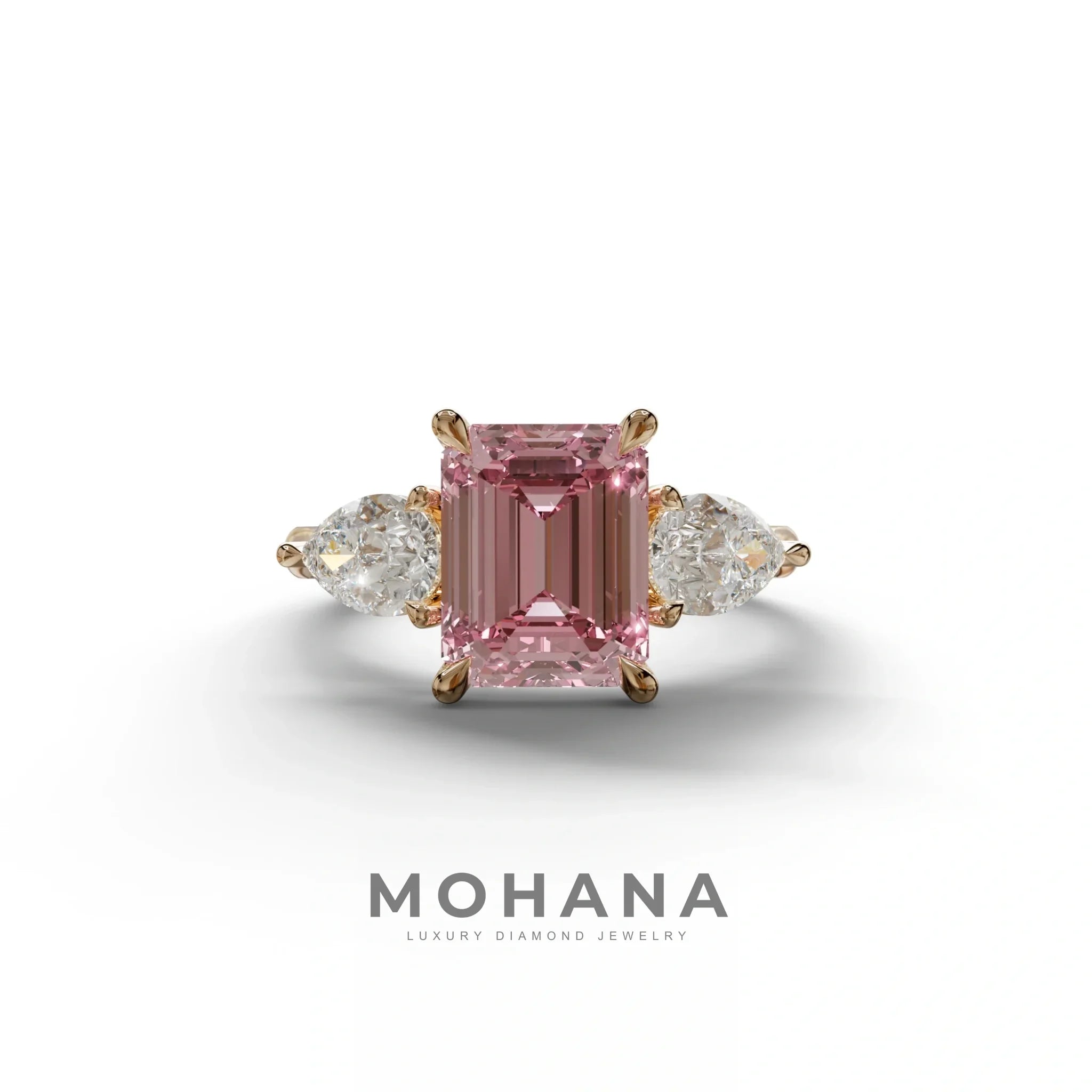 4 Carat Fancy Pink Emerald & Pear Cut Three Stone Lab Grown Diamond Engagement Ring - 10K Solid Gold / Rose Gold