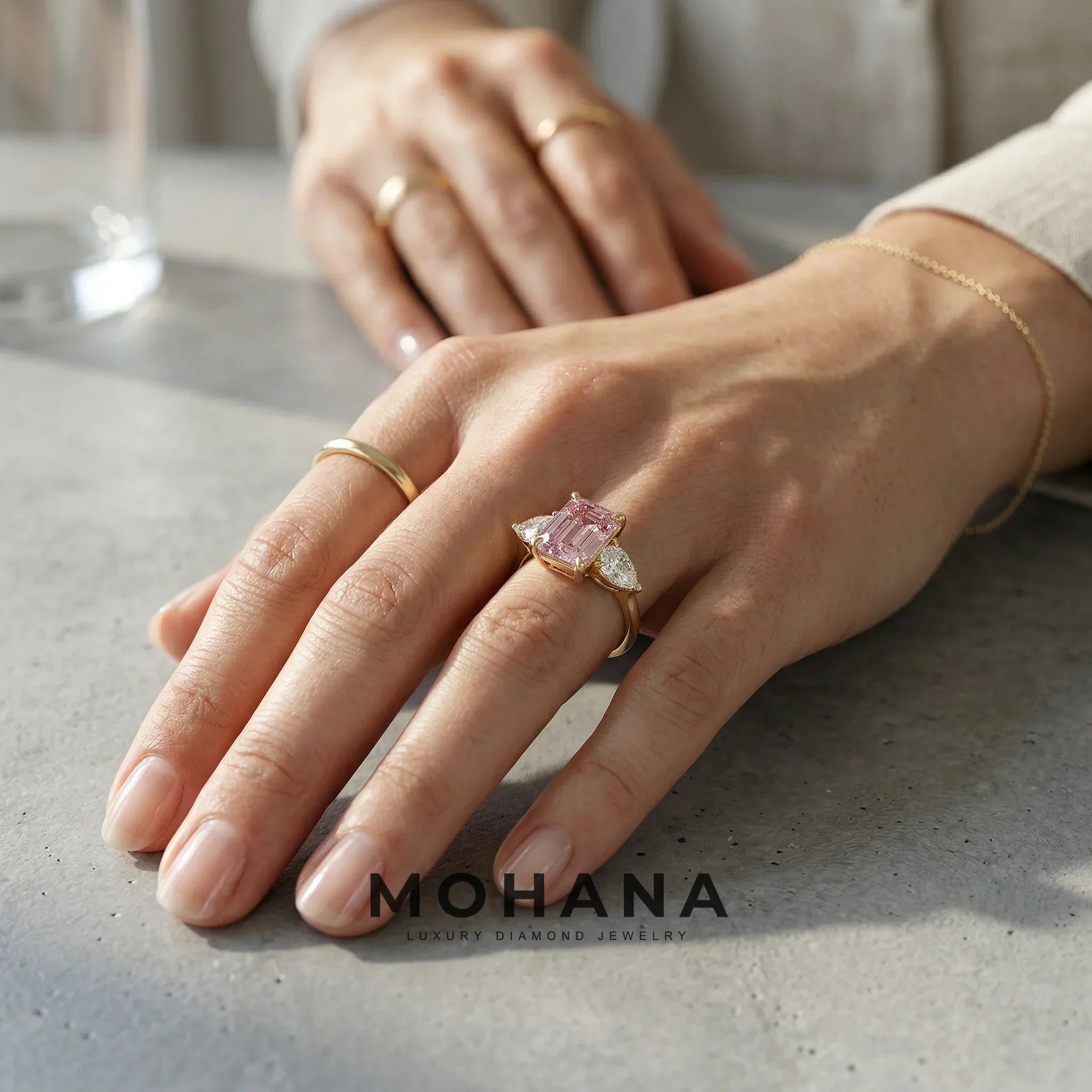 4 Carat Fancy Pink Emerald & Pear Cut Three Stone Lab Grown Diamond Engagement Ring