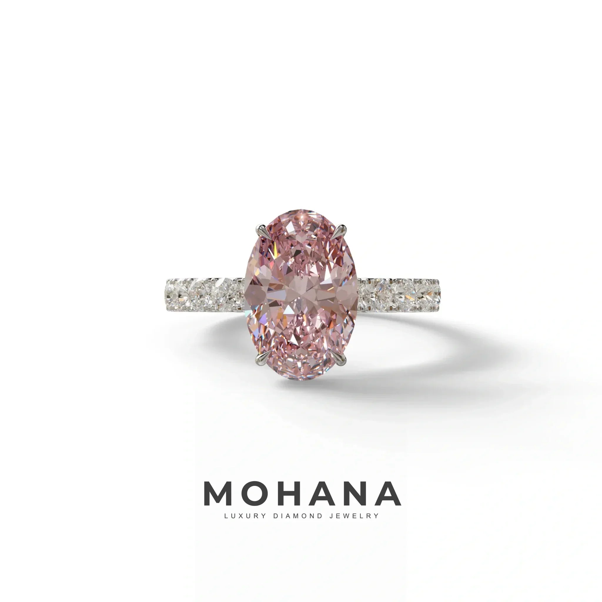 4 Carat Pink Oval Cut Hidden Halo Eternity Lab Diamond Engagement Ring - Christie’s - 10K Solid Gold / White Gold