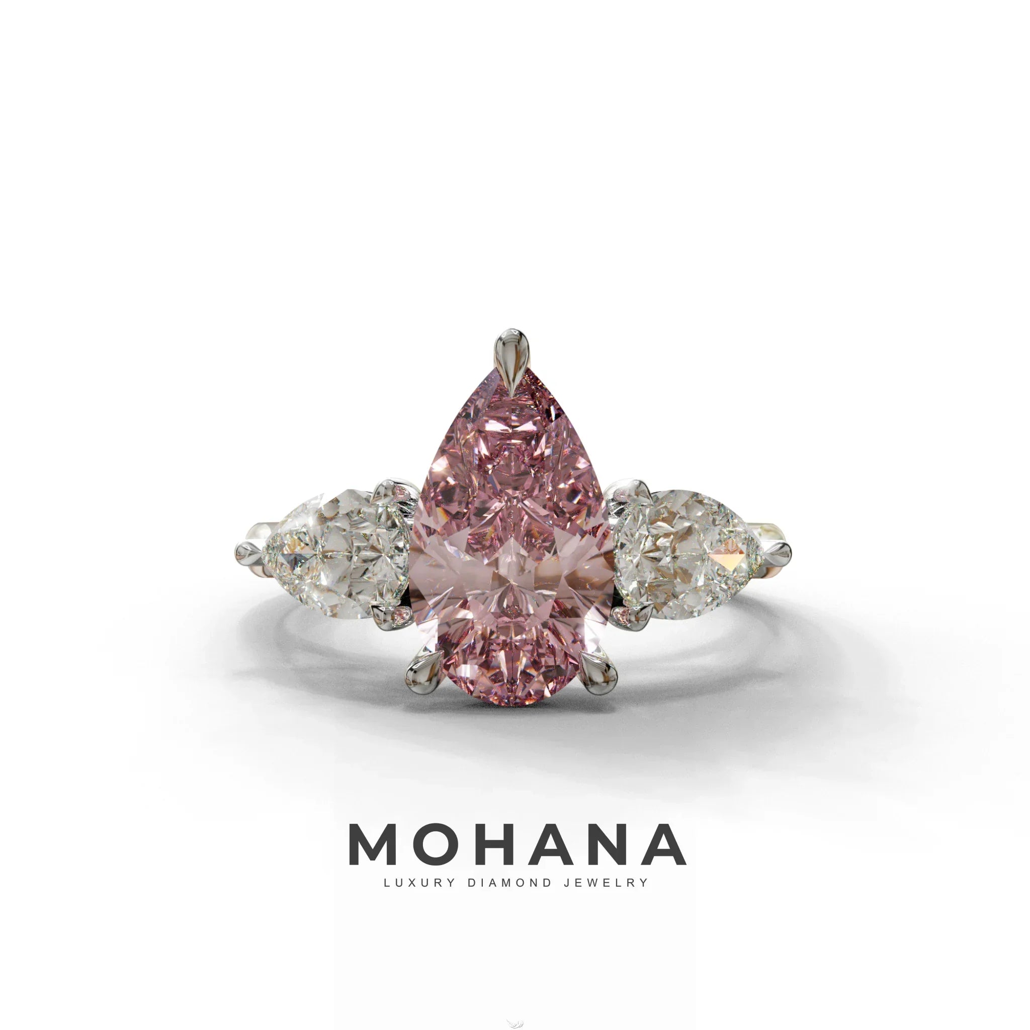 3 Carat Pink Pear Cut Lab Diamond In 3 Stones Claw Prongs Setting Ring - 10K Solid Gold / White Gold