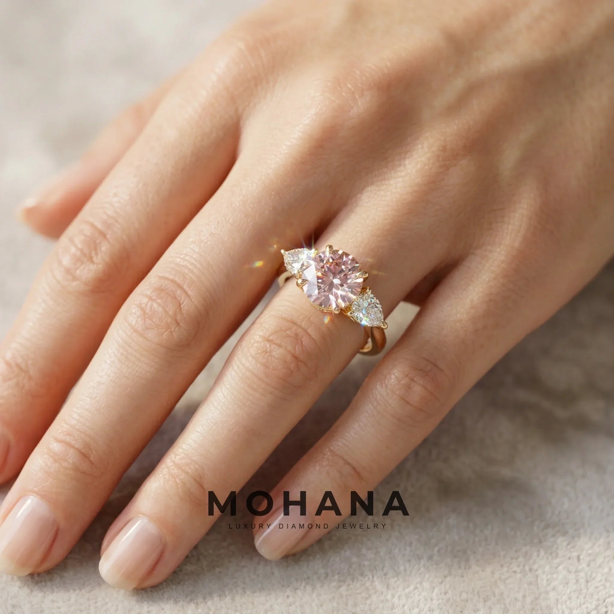 4 Carat Fancy Pink Round & Pear Cut Lab Grown Diamond Three Stone Engagement Ring