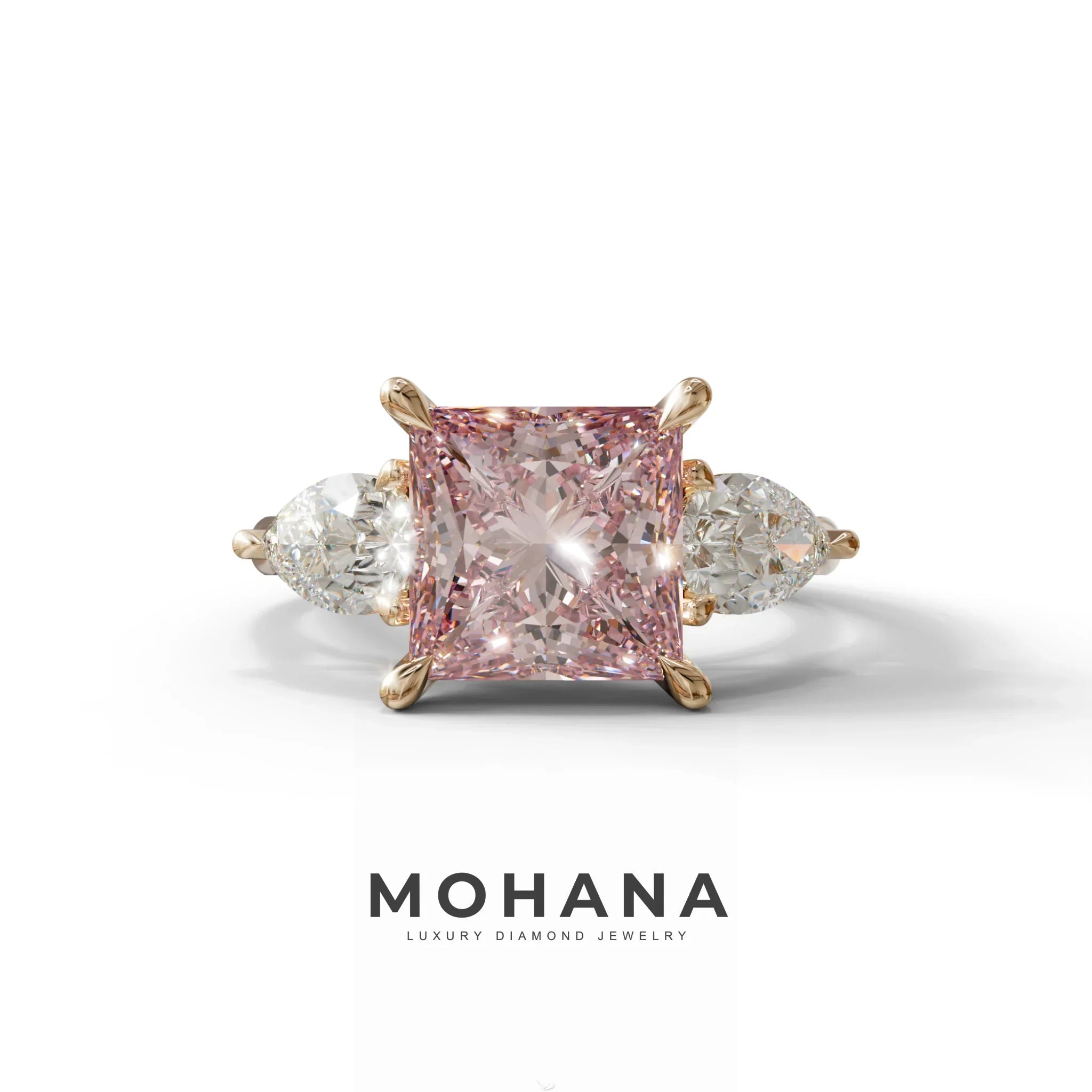 3 Carat Pink Princess Cut Lab Diamond In 3 Stones Claw Prongs Setting Ring - 10K Solid Gold / Rose Gold