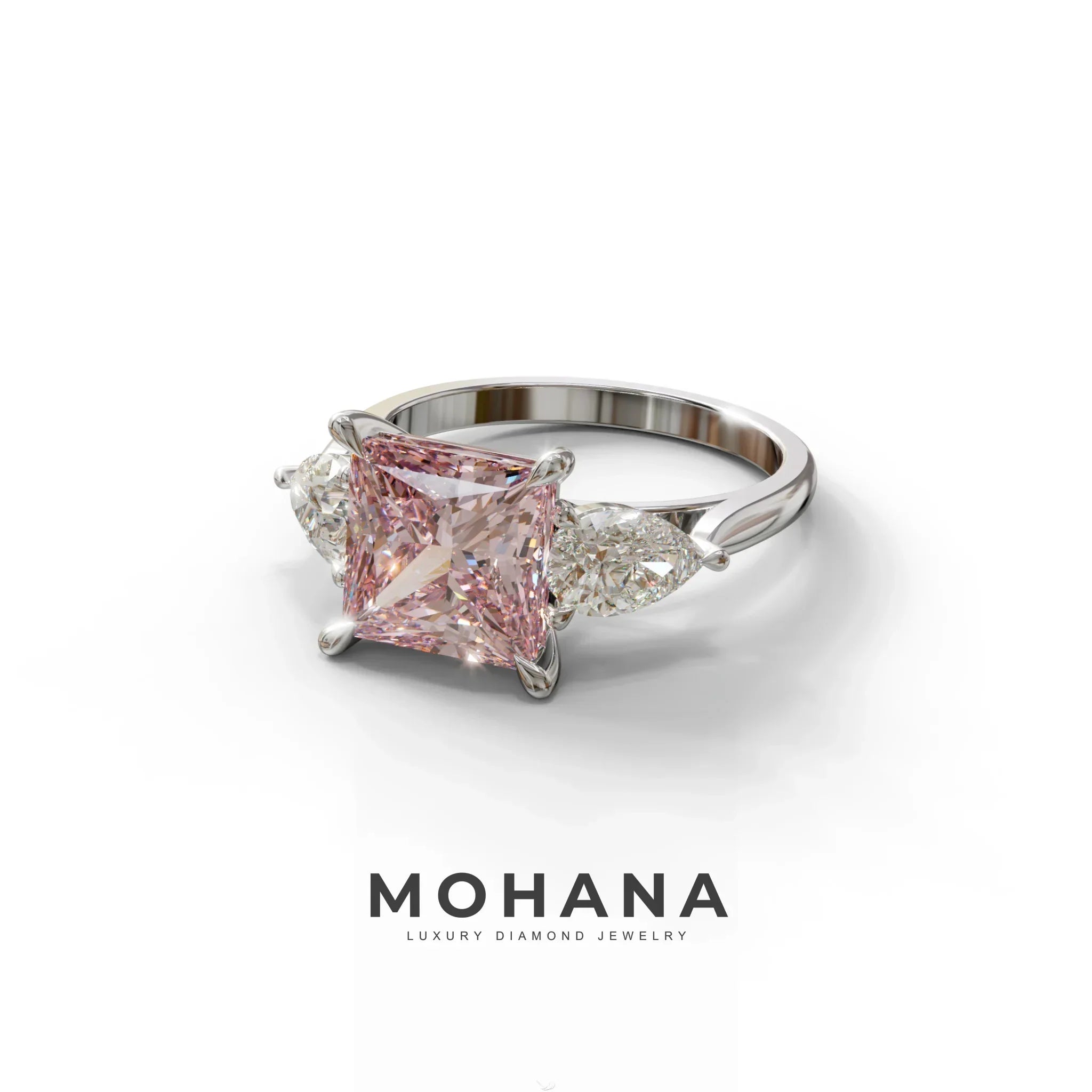 3 Carat Pink Princess Cut Lab Diamond In 3 Stones Claw Prongs Setting Ring