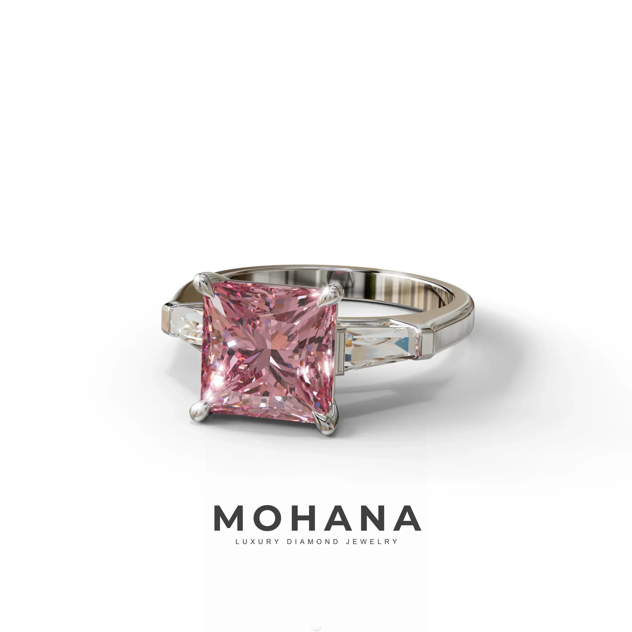 3 Carat Pink Princess & Baguette Cut Lab Grown Diamond Ring - Alluring