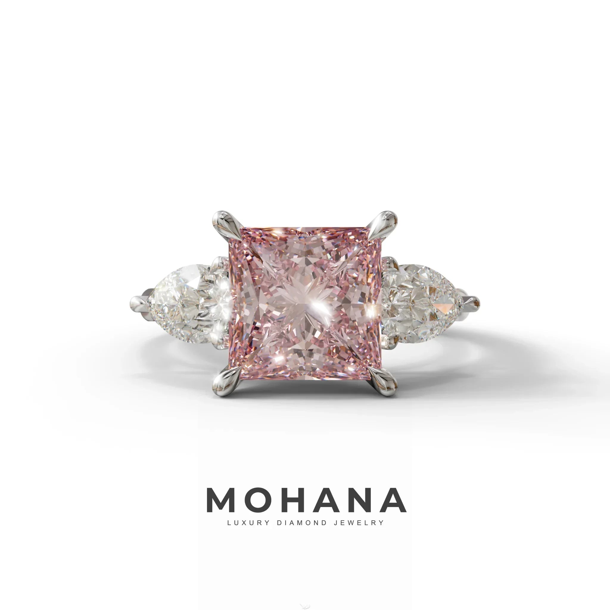 3 Carat Pink Princess Cut Lab Diamond In 3 Stones Claw Prongs Setting Ring - 10K Solid Gold / White Gold