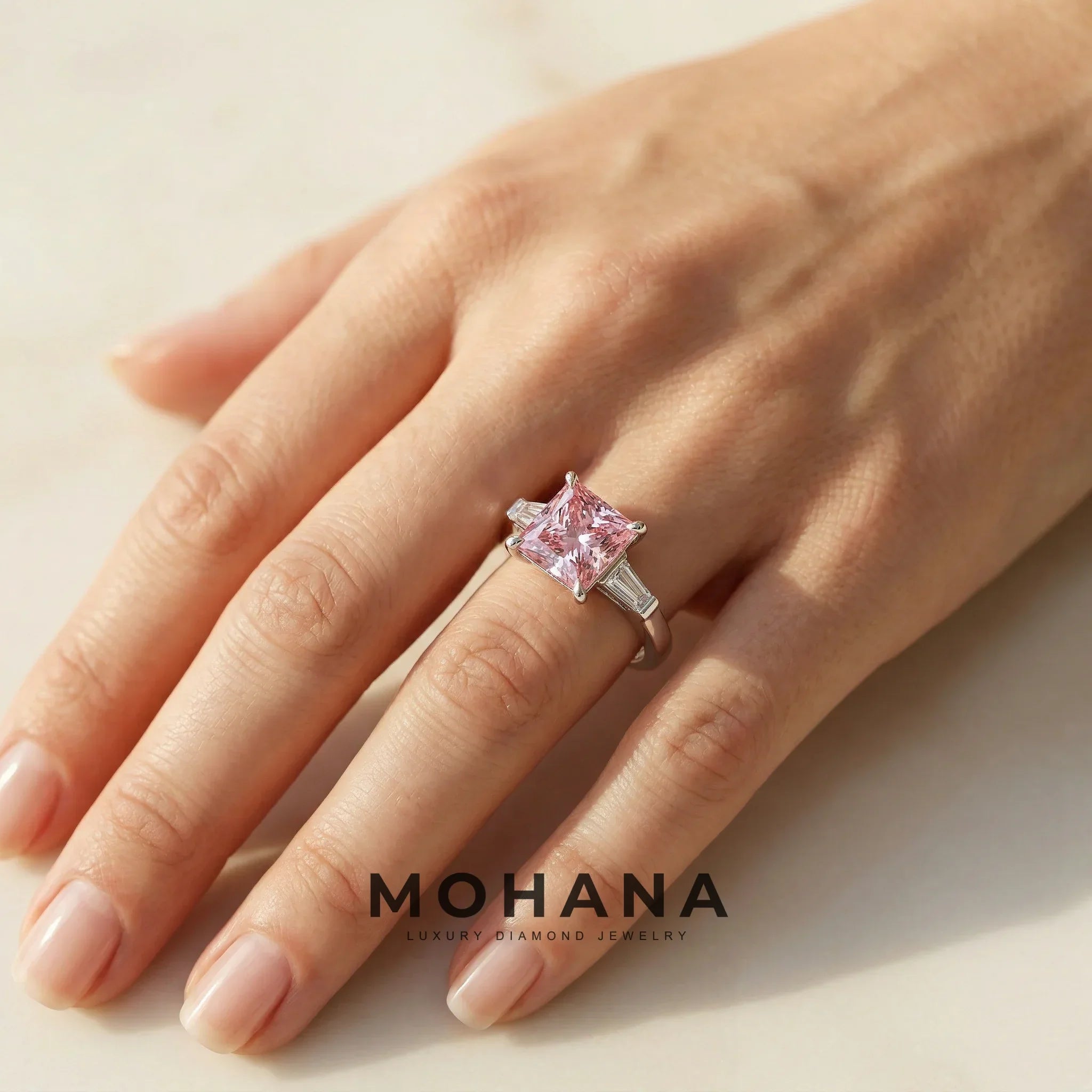 4ct Fancy Pink Princess & Tapered Baguette Three Stone Lab Diamond Ring - Alluring