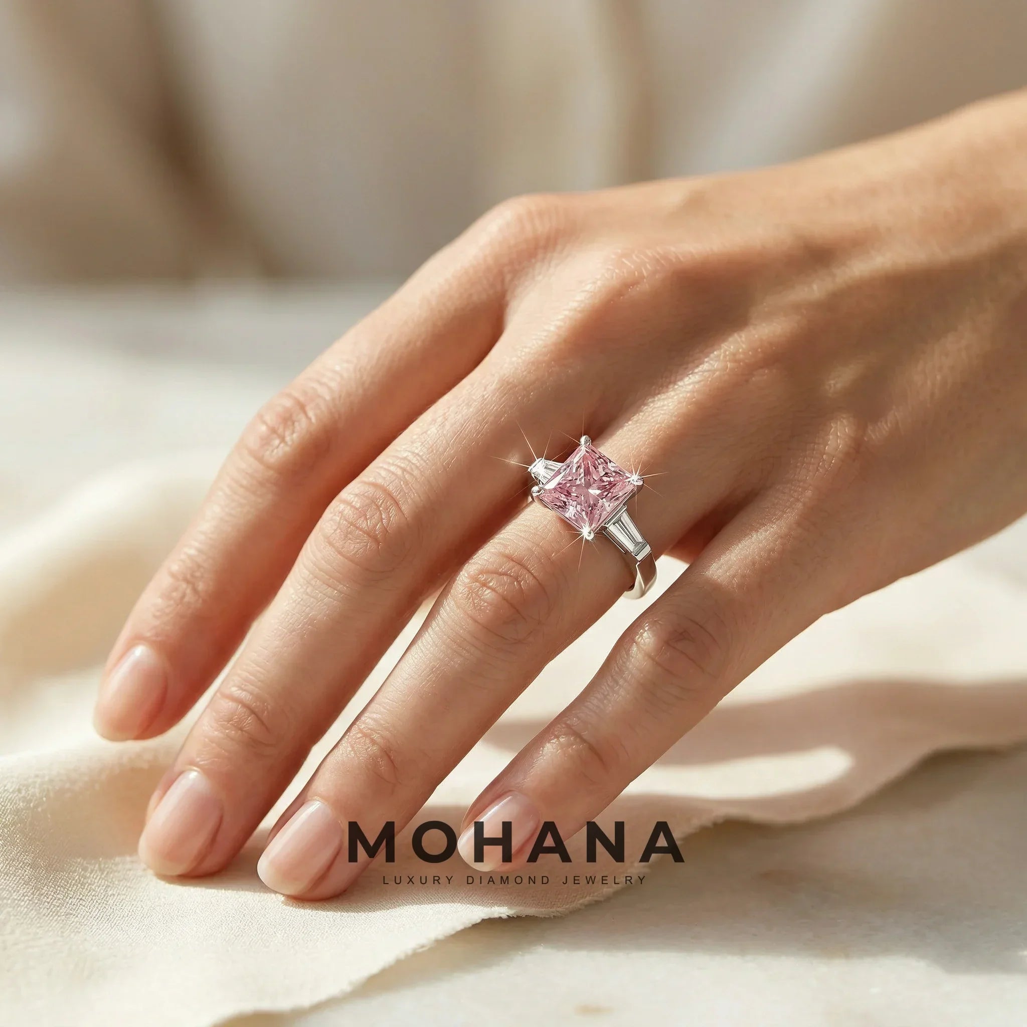 4ct Fancy Pink Princess & Tapered Baguette Three Stone Lab Diamond Ring - Alluring