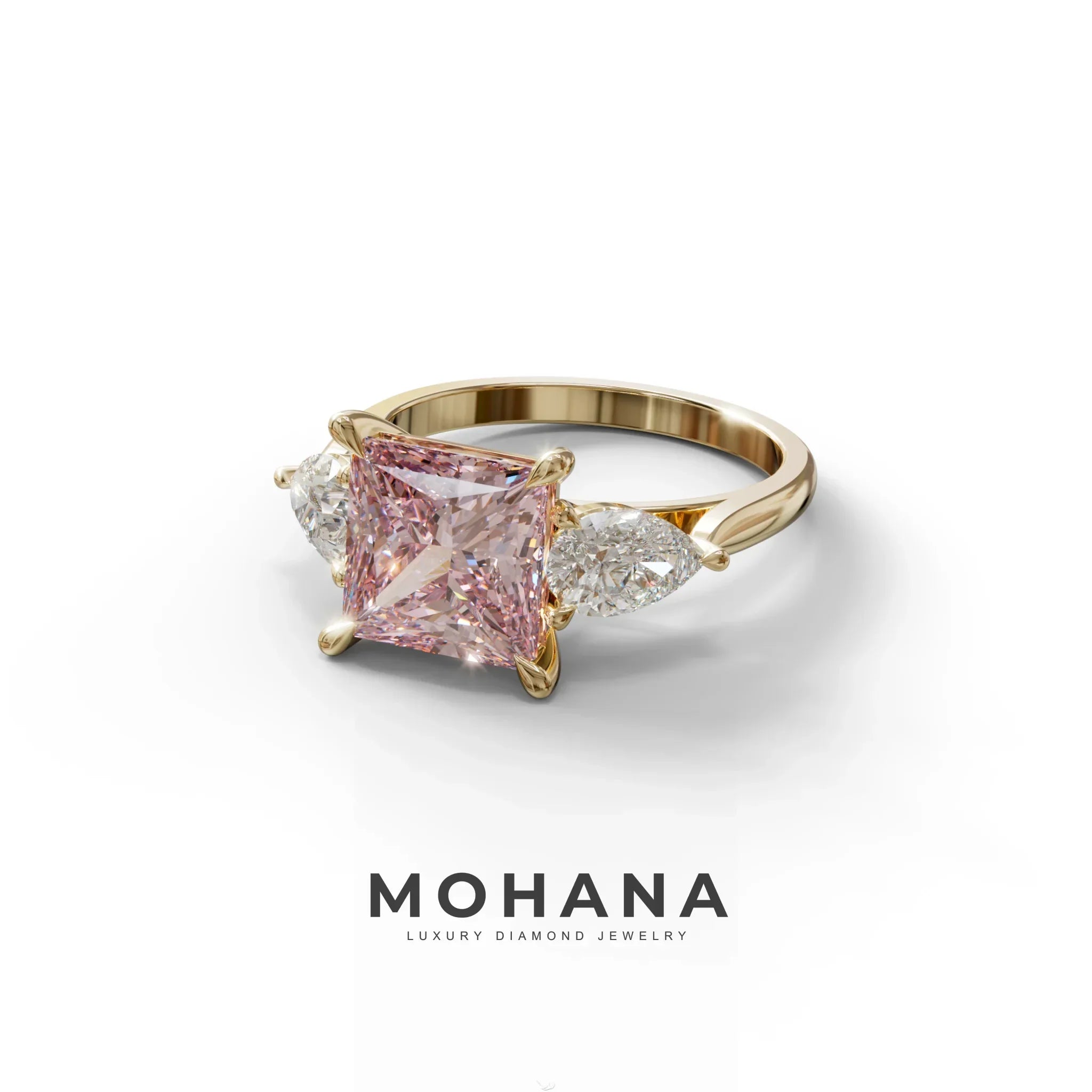 3 Carat Pink Princess Cut Lab Diamond In 3 Stones Claw Prongs Setting Ring