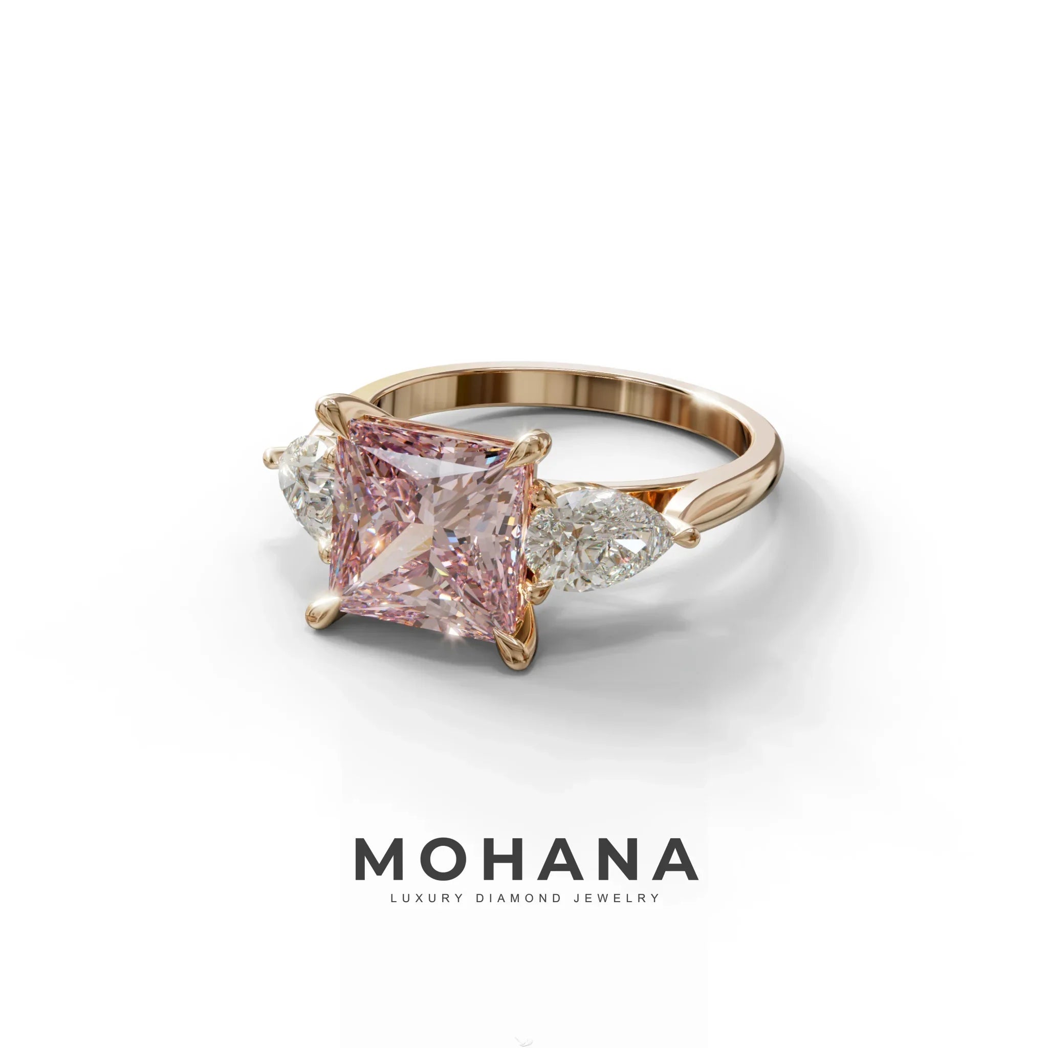 3 Carat Pink Princess Cut Lab Diamond In 3 Stones Claw Prongs Setting Ring