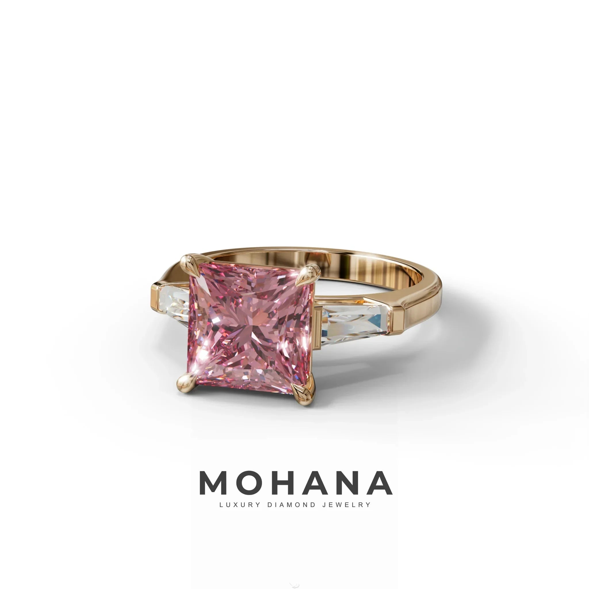 3 Carat Pink Princess & Baguette Cut Lab Grown Diamond Ring - Alluring