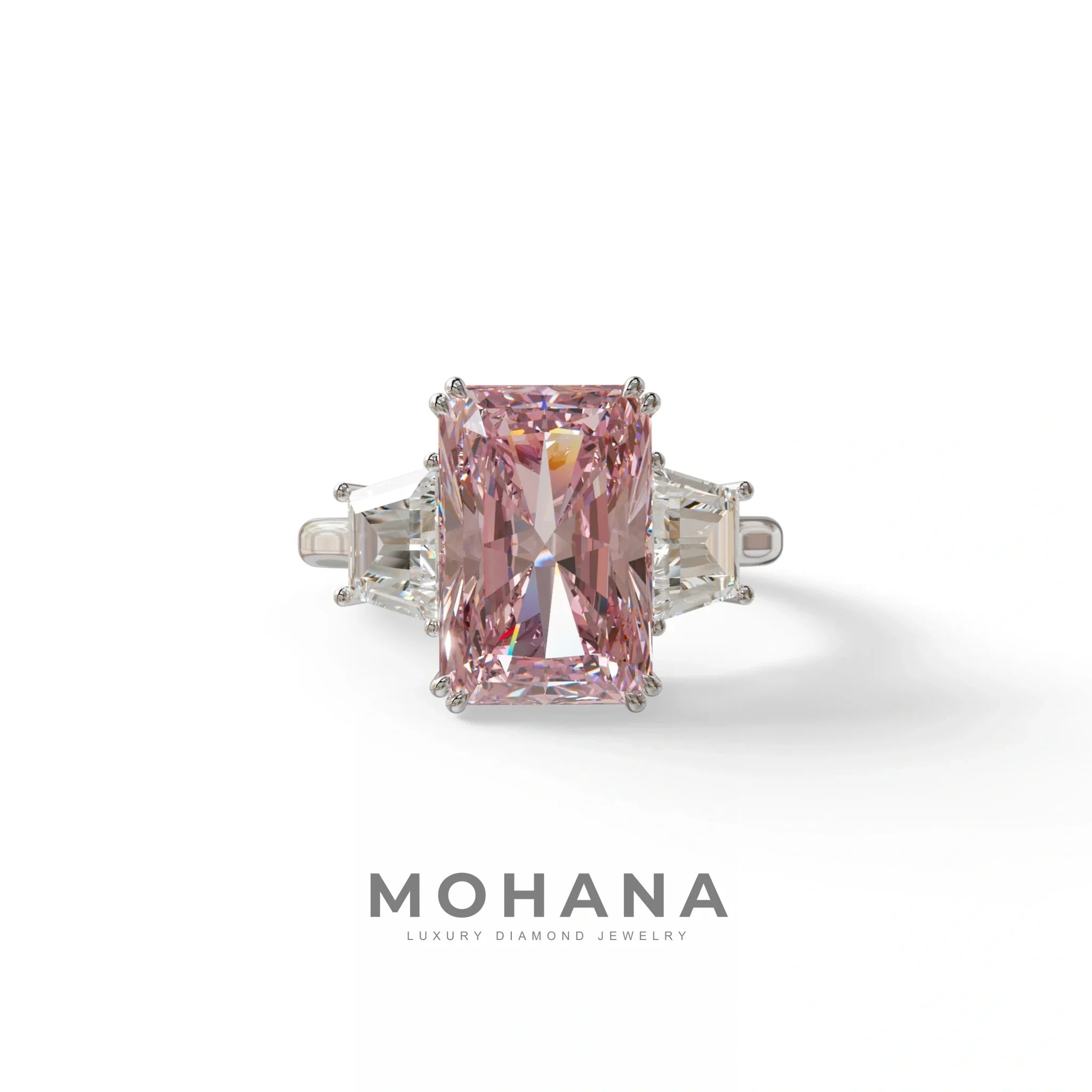 4 Carat Pink Lab Grown Diamond Engagement Ring – Radiant Cut Three Stone | Tacor