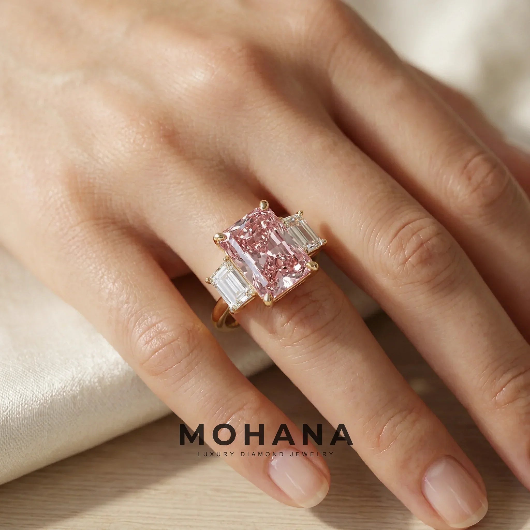 4 Carat Pink Radiant Lab Grown Diamond Engagement Ring Three Stone Trapezoid Cut