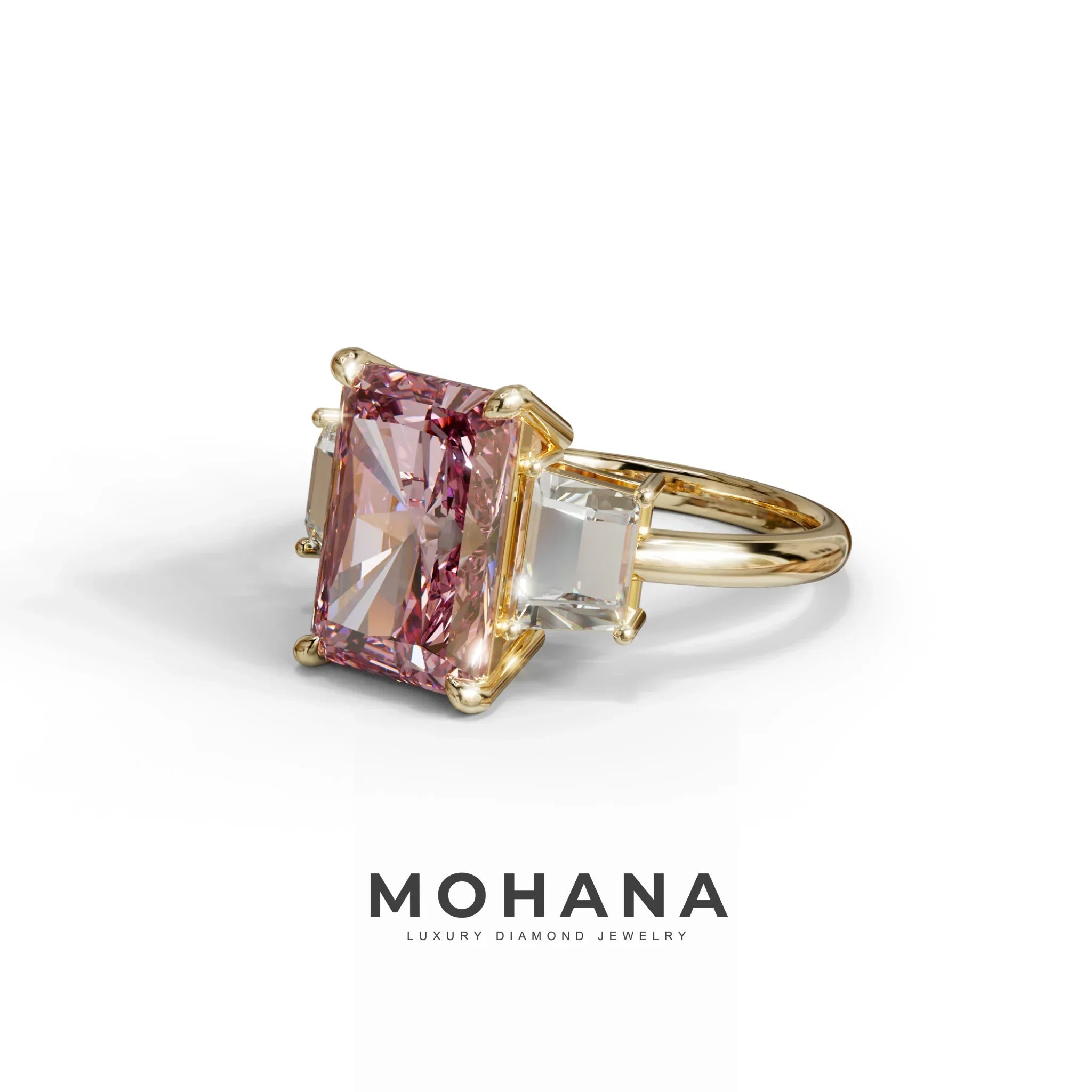 4 Carat Pink Radiant & Trapezoid Three Stone Engagement Ring - Embrace