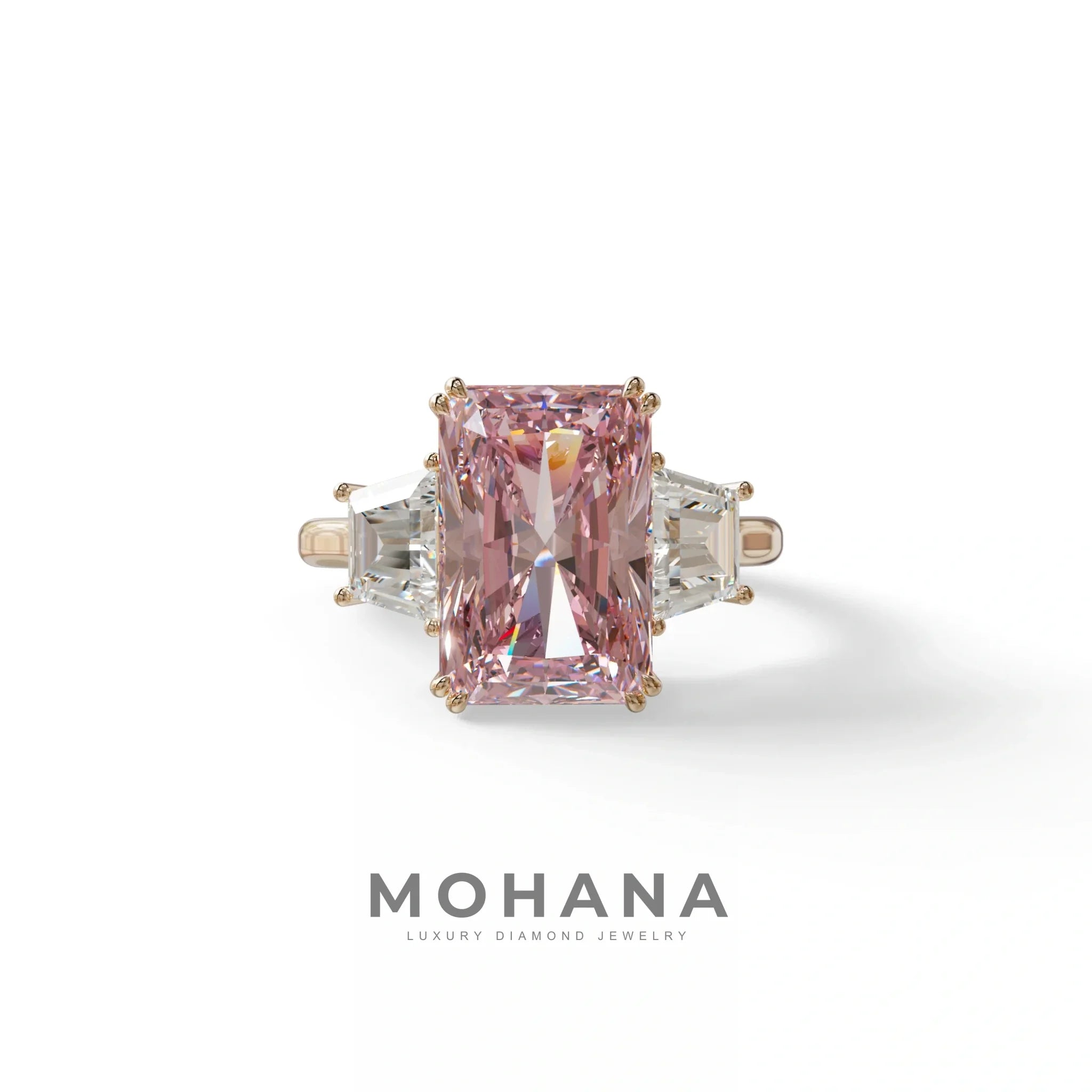 4 Carat Pink Lab Grown Diamond Engagement Ring – Radiant Cut Three Stone | Tacor