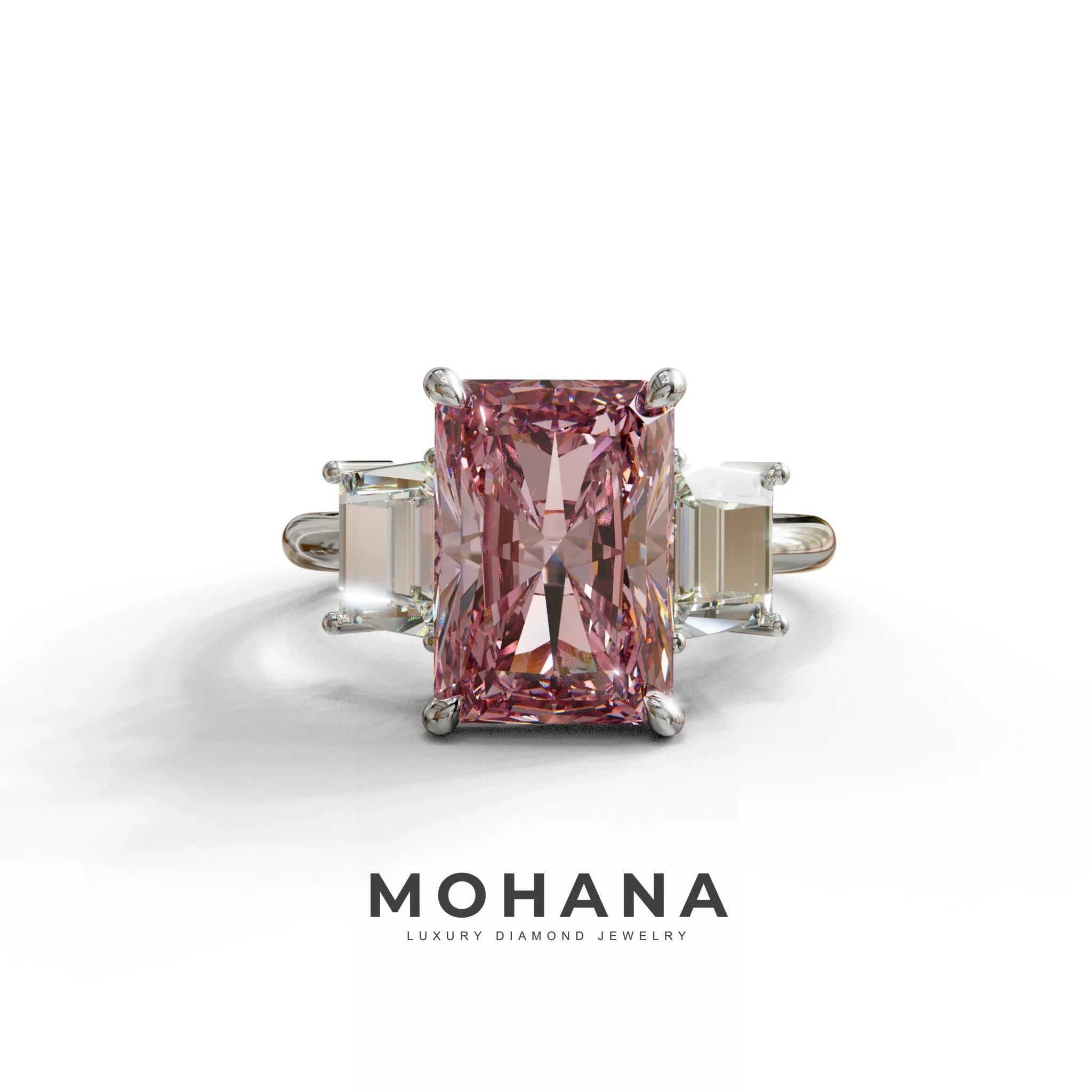 4 Carat Pink Radiant & Trapezoid Three Stone Engagement Ring - Embrace - 10K Solid Gold / White Gold