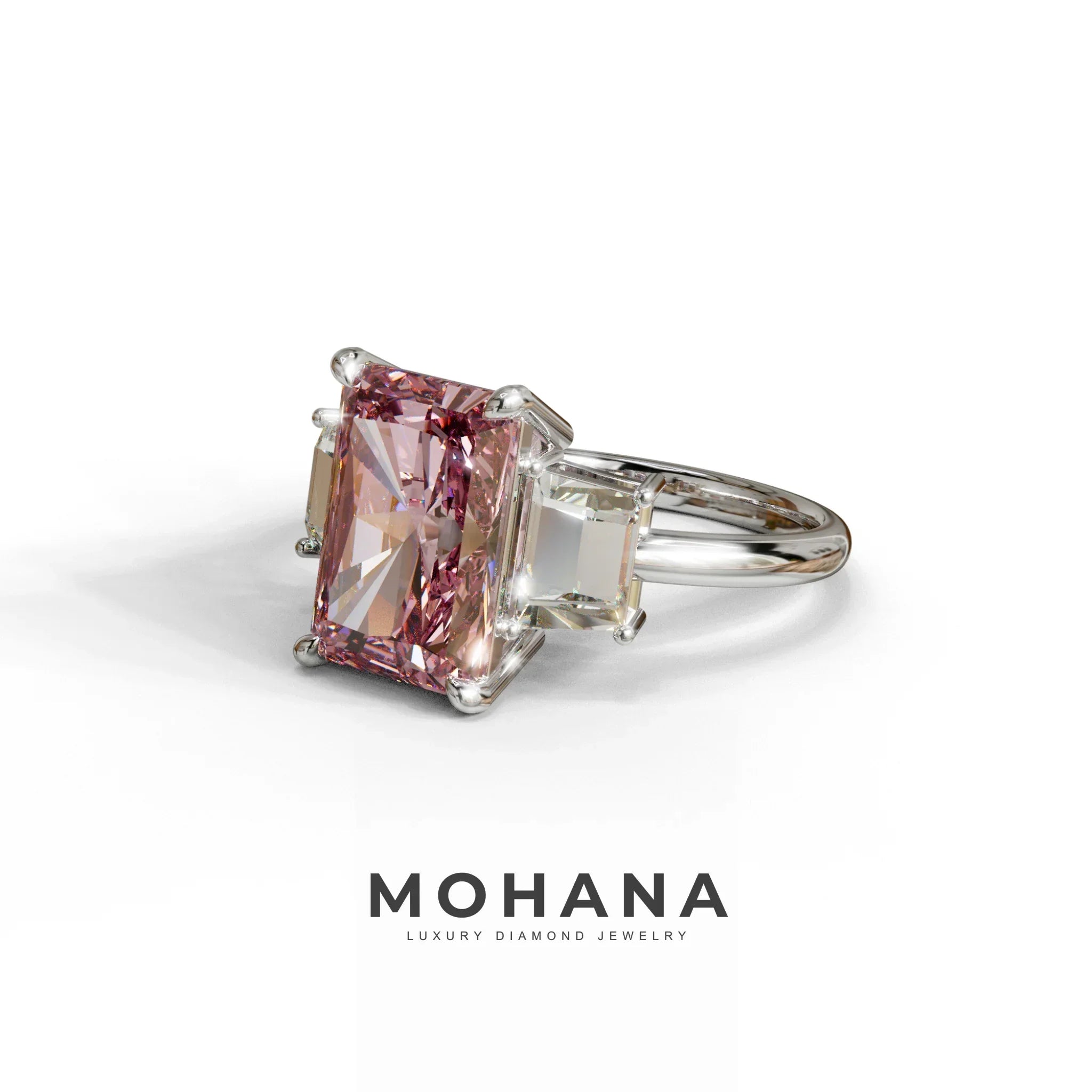 4 Carat Pink Radiant & Trapezoid Three Stone Engagement Ring - Embrace