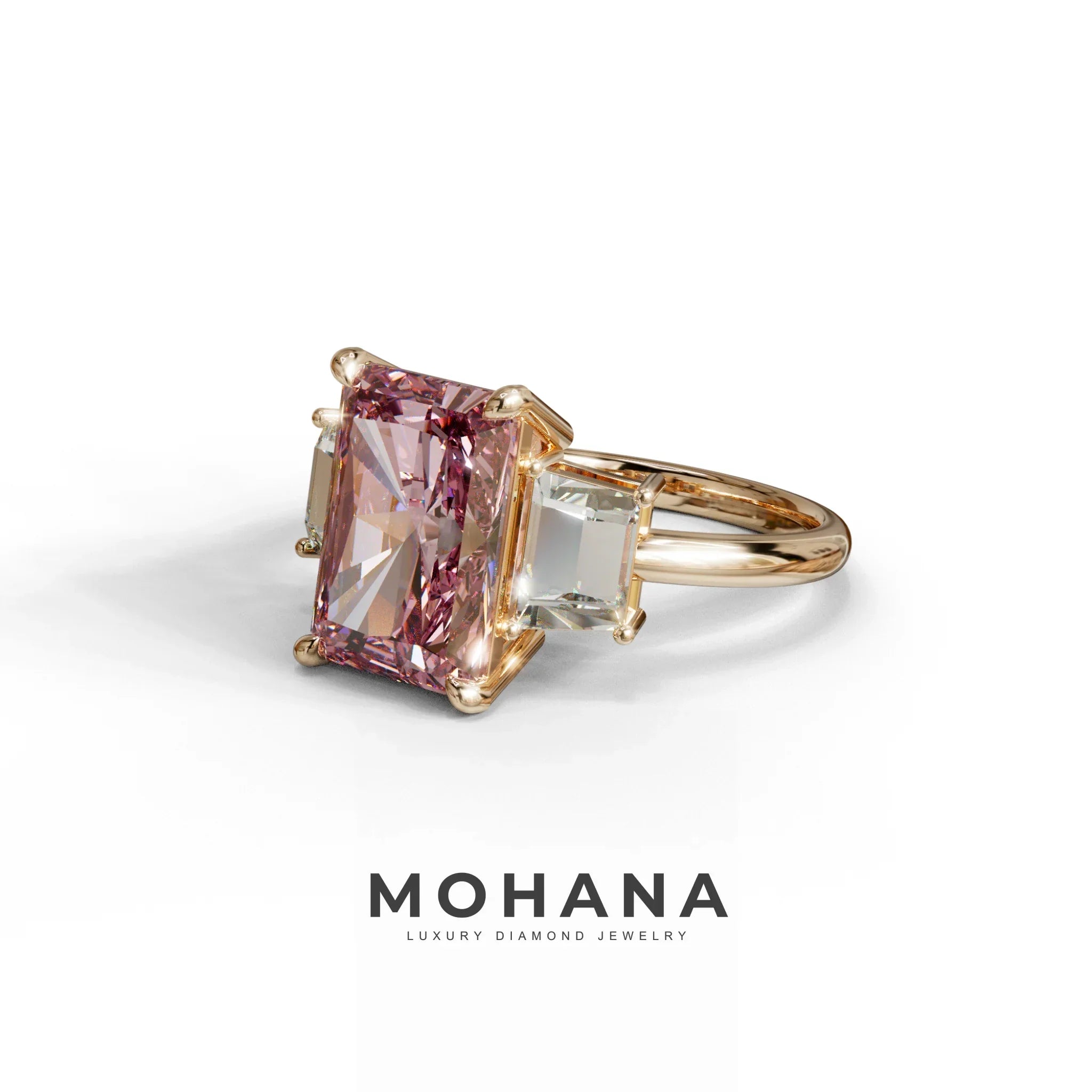 4 Carat Pink Radiant & Trapezoid Three Stone Engagement Ring - Embrace