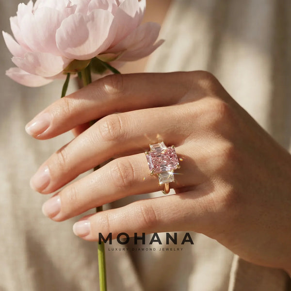 4 Carat Pink Lab Grown Diamond Engagement Ring – Radiant Cut Three Stone alternate view