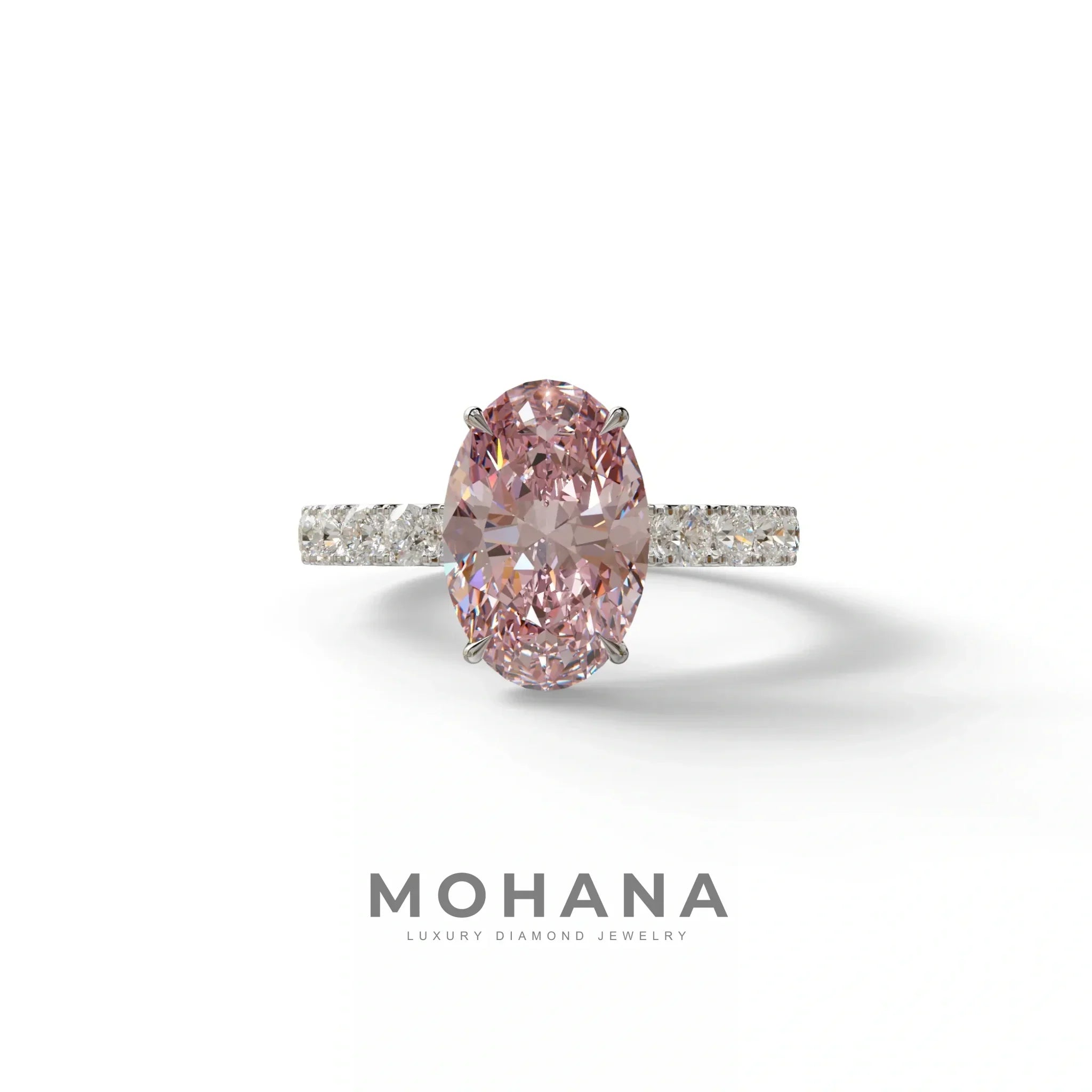 4 Carat Pink Oval Cut Hidden Halo Eternity Lab Diamond Engagement Ring - Christie’s - 10K Solid Gold / White Gold