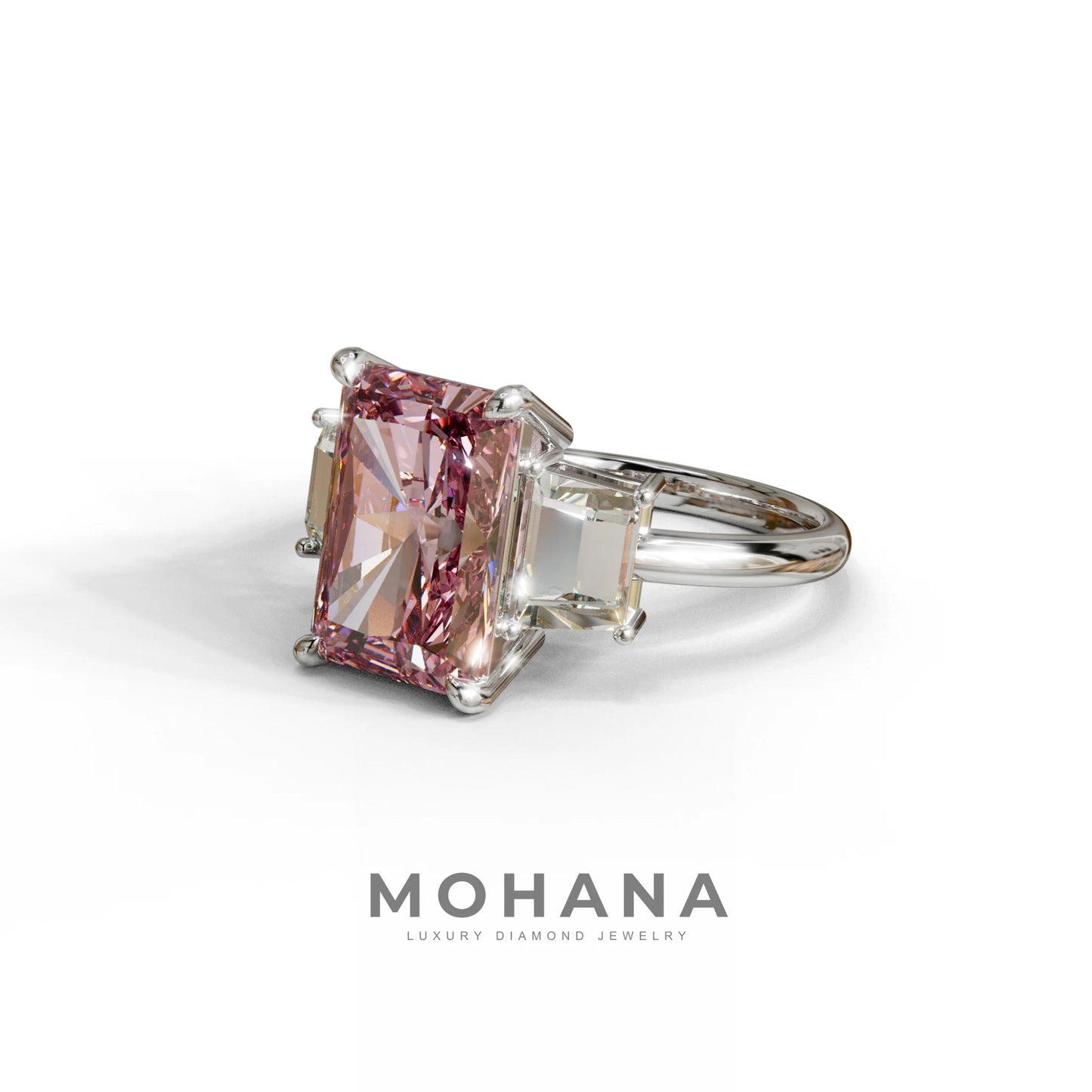 4 Carat Pink Radiant & Trapezoid Three Stone Engagement Ring - Embrace
