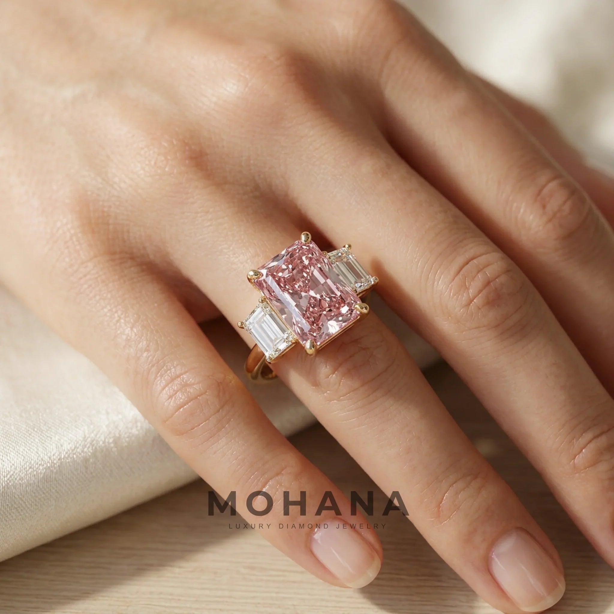 4 Carat Pink Radiant Lab Grown Diamond Engagement Ring Three Stone Trapezoid Cut