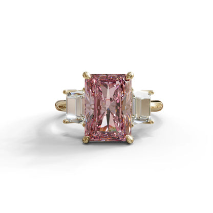 4 Carat Pink Radiant & Trapezoid Three Stone Engagement Ring - Embrace - 10K Solid Gold / Yellow Gold