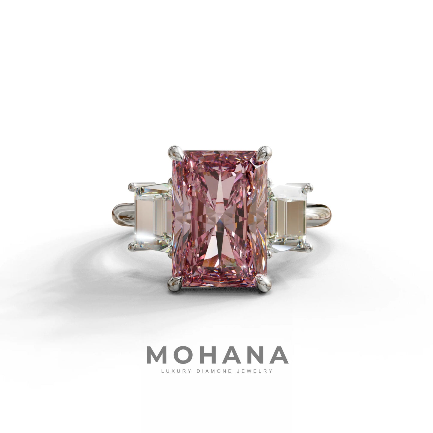 4 Carat Pink Radiant & Trapezoid Three Stone Engagement Ring - Embrace - 10K Solid Gold / White Gold