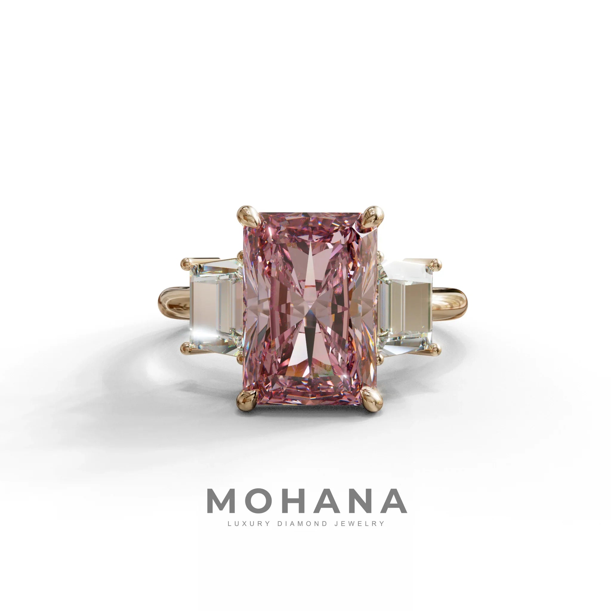 4 Carat Pink Radiant & Trapezoid Three Stone Engagement Ring - Embrace - 10K Solid Gold / Rose Gold
