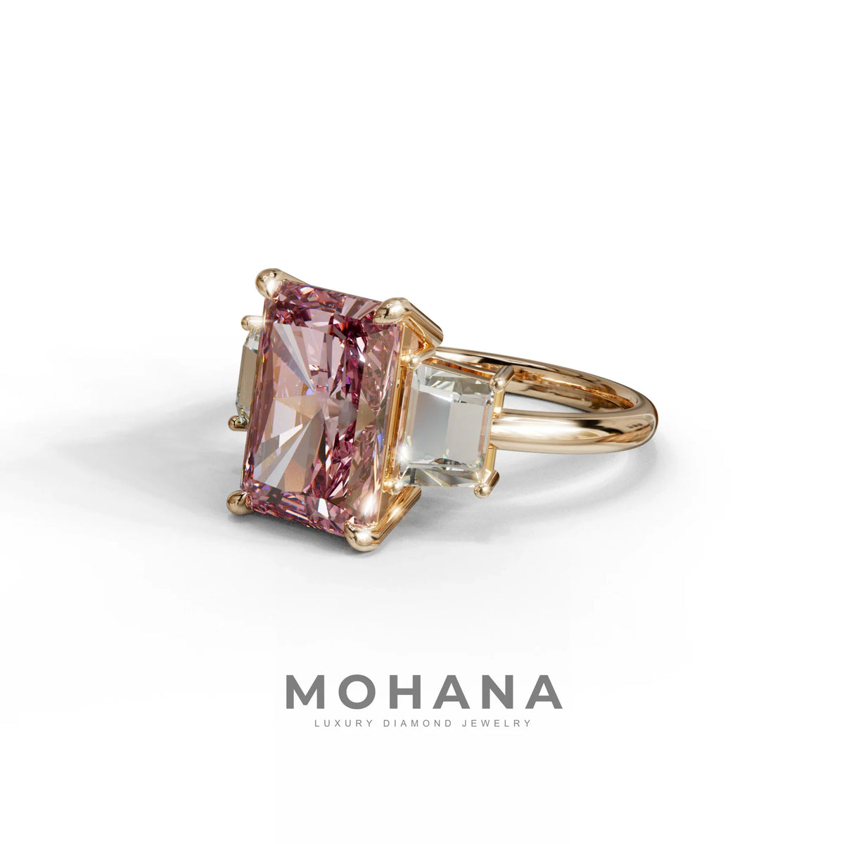 4 Carat Pink Radiant & Trapezoid Three Stone Engagement Ring - Embrace