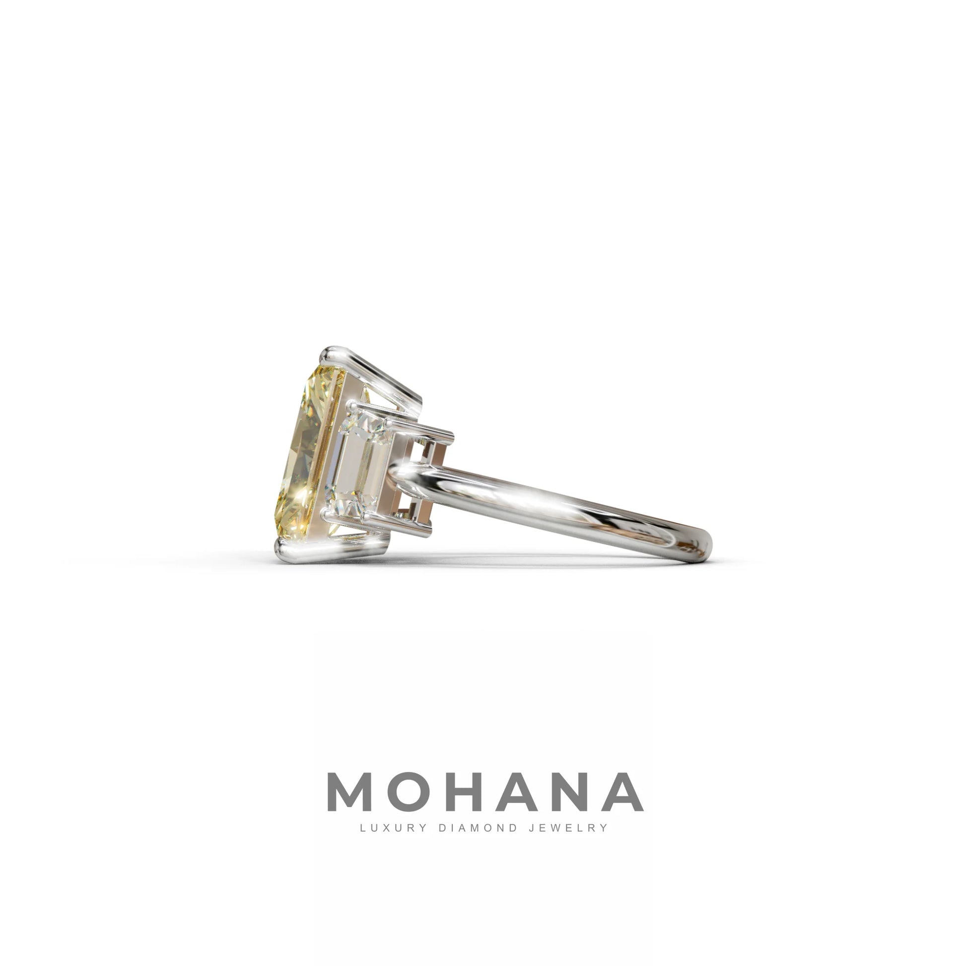 4 Carat Yellow Radiant & Trapezoid Three Stone Engagement Ring - Embrace