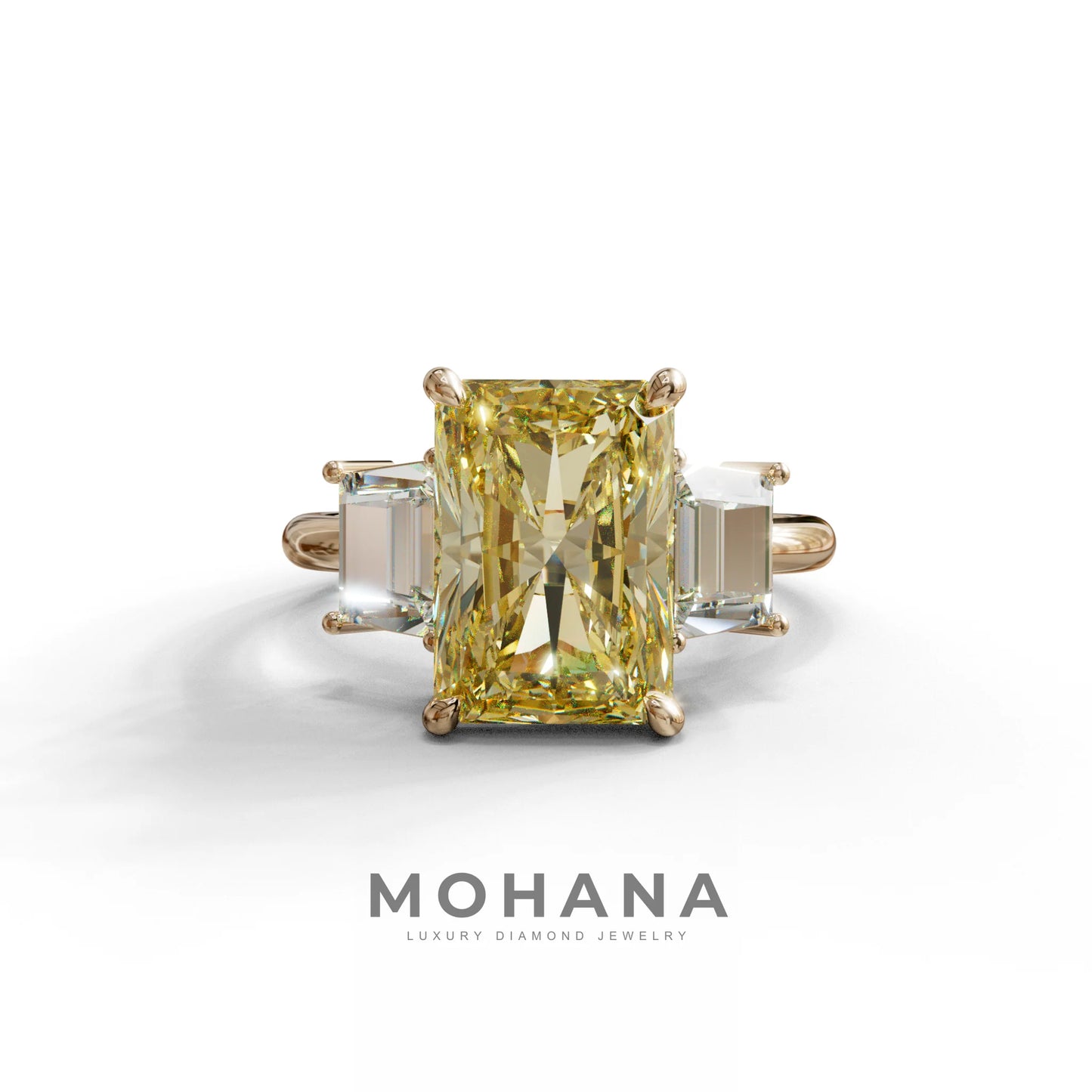 4 Carat Yellow Radiant & Trapezoid Three Stone Engagement Ring - Embrace - 10K Solid Gold / Rose Gold