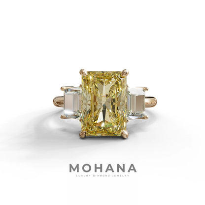 4 Carat Yellow Radiant & Trapezoid Three Stone Engagement Ring - Embrace - 10K Solid Gold / Rose Gold