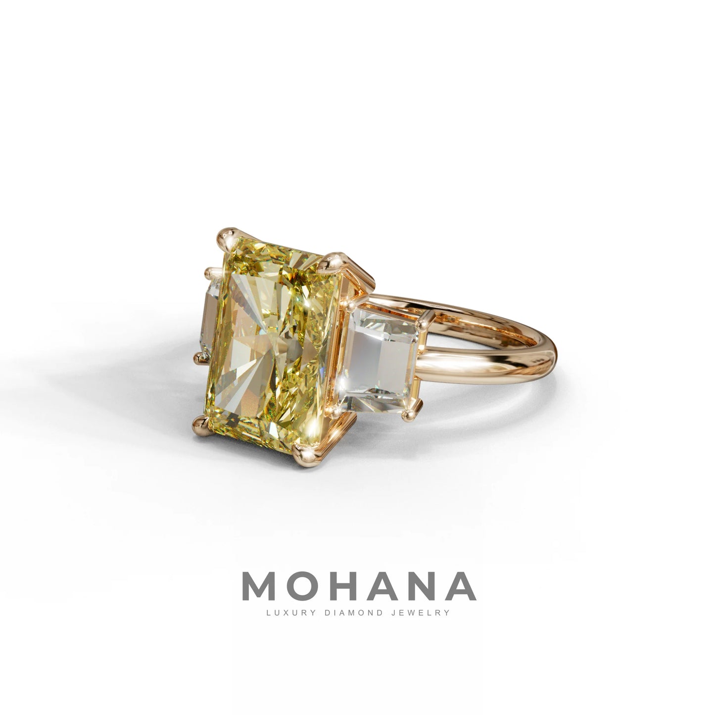 4 Carat Yellow Radiant & Trapezoid Three Stone Engagement Ring - Embrace