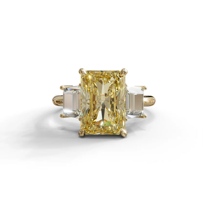 4 Carat Yellow Radiant & Trapezoid Three Stone Engagement Ring - Embrace - 10K Solid Gold / Yellow Gold