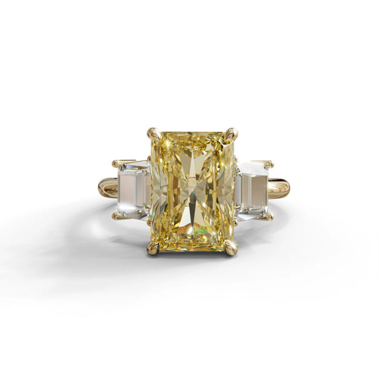4 Carat Yellow Radiant & Trapezoid Three Stone Engagement Ring - Embrace - 10K Solid Gold / Yellow Gold