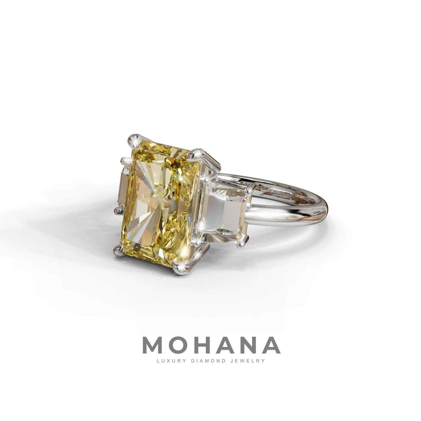 4 Carat Yellow Radiant & Trapezoid Three Stone Engagement Ring - Embrace